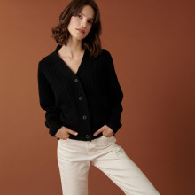 Alpaca wool V-neck cardigan with ribbed edges - Celly