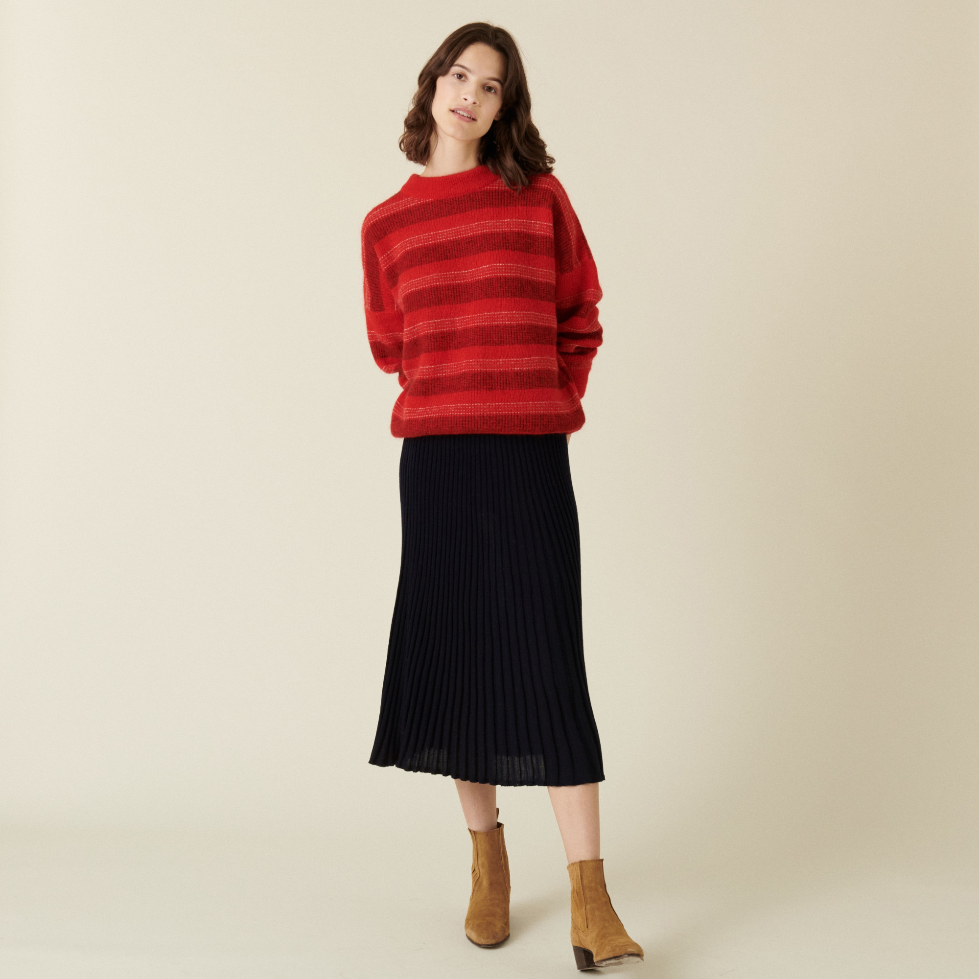 Pull col rond à rayures en mohair - Charlie 7502 rubis - 52 Rouge