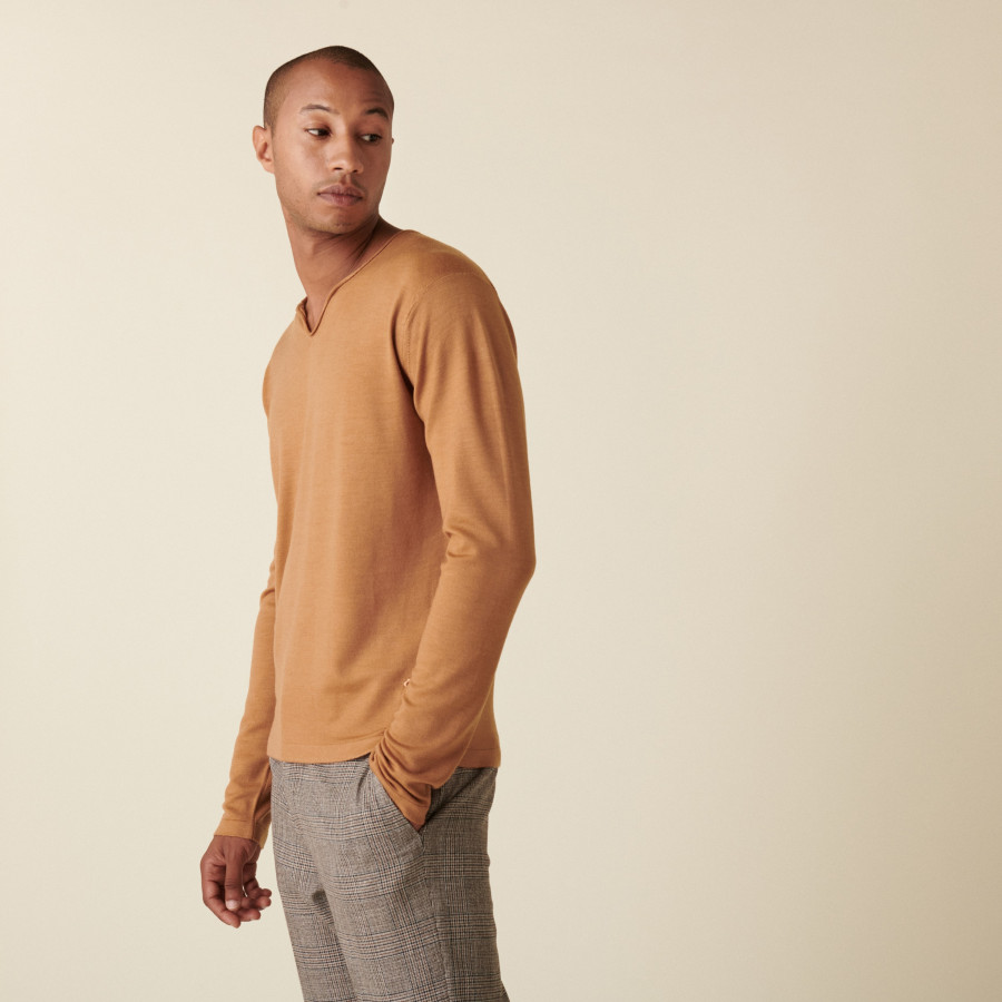 Merino wool sweater with Tunisian collar with logo - Etan