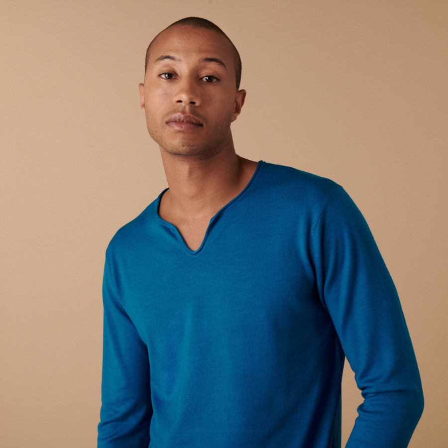 Merino wool sweater with Tunisian collar with logo - Etan