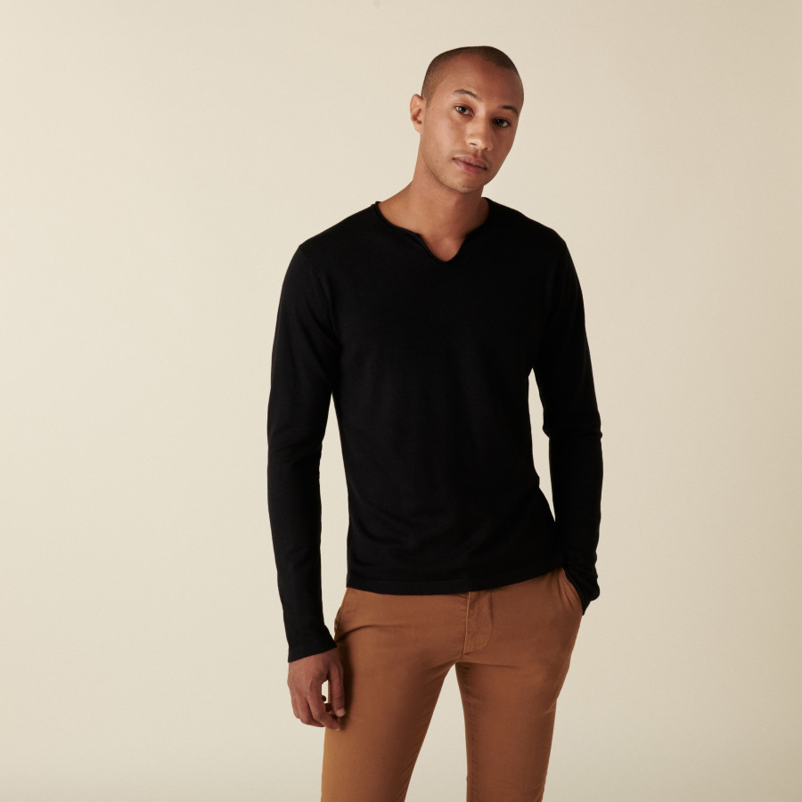 Merino wool sweater with Tunisian collar with logo - Etan