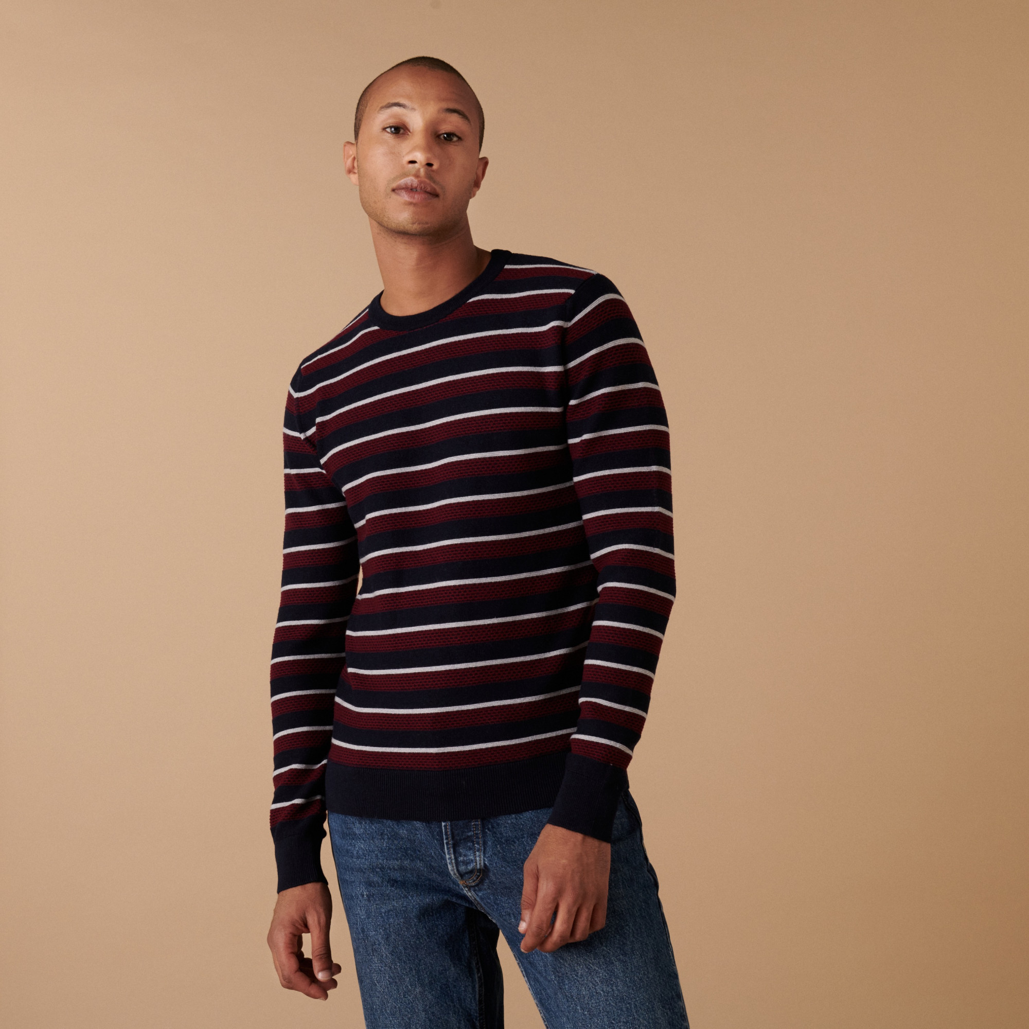 Pull col rond à rayures en laine mérinos - Arno 7550 multi marine - 51 Bordeaux