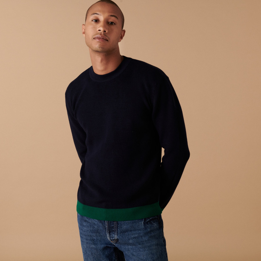 Pull col rond bicolore en laine mérinos - Adrien