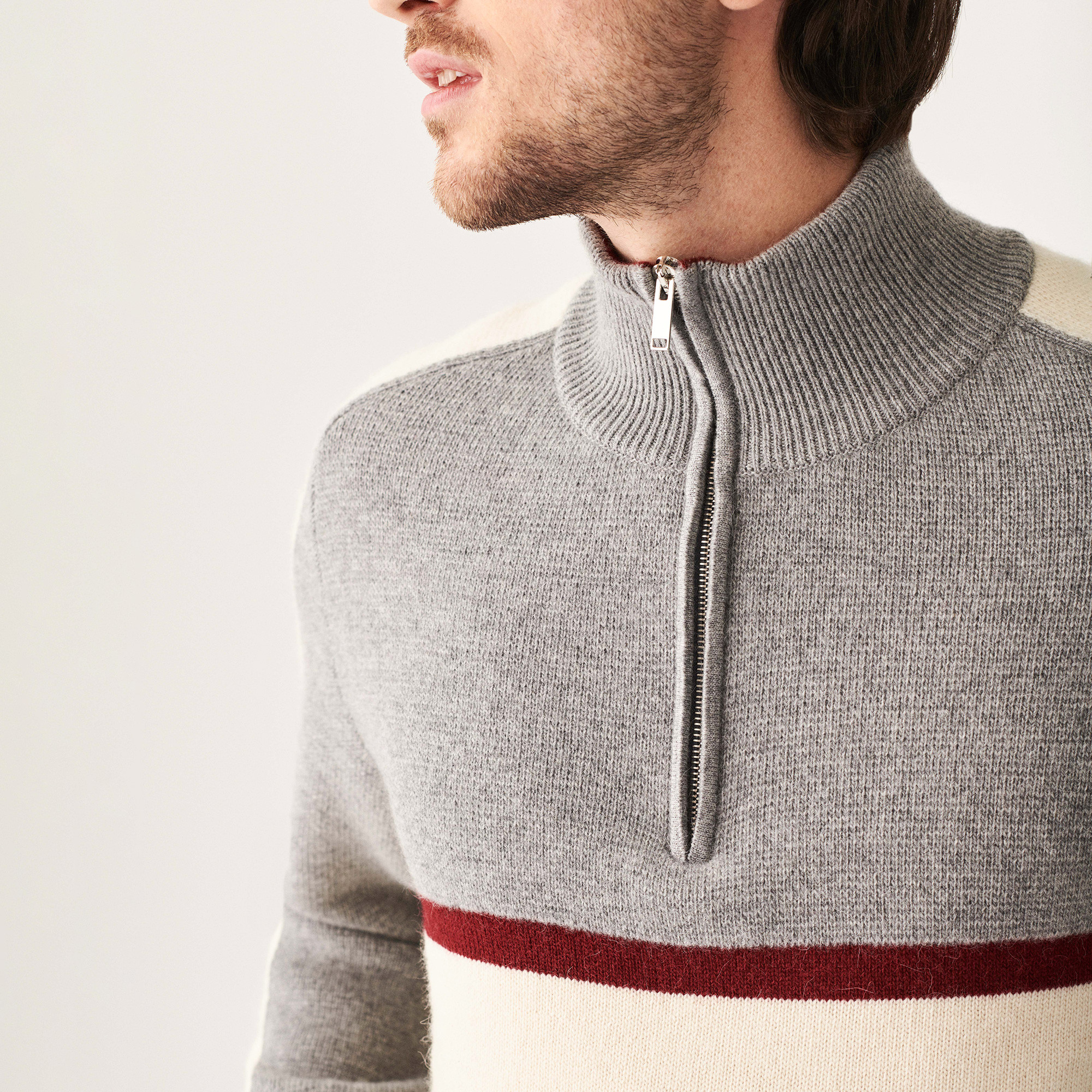 Pull tricolore col camionneur en laine alpaga - Augustin 7551 ecru/cerise/volute - 82 Ecru