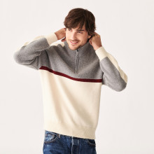 Pull tricolore col camionneur en laine alpaga - Augustin 7551 ecru/cerise/volute - 82 Ecru