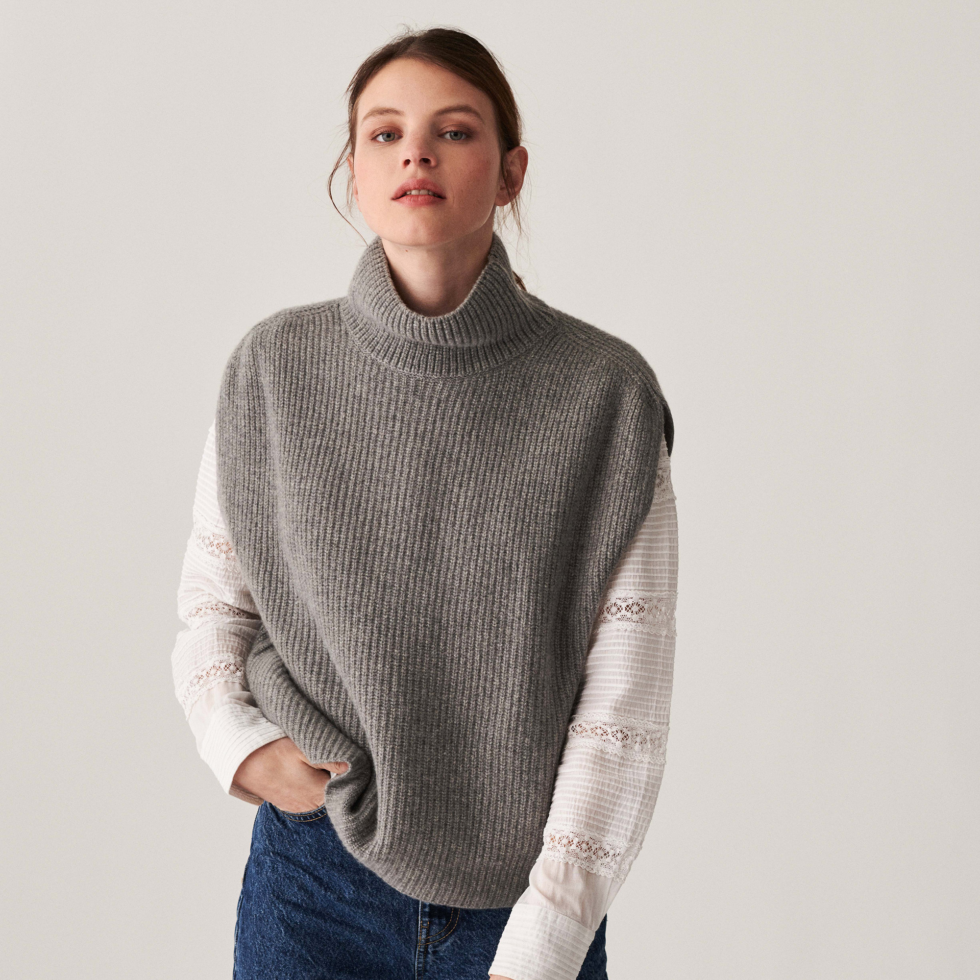 Pull col roulé sans manches en cachemire recyclé - Dalya 7411 volute - 09 Gris moyen
