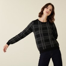 Pull col rond à carreaux en laine alpaga - Carin 7592 noir - 01 Noir