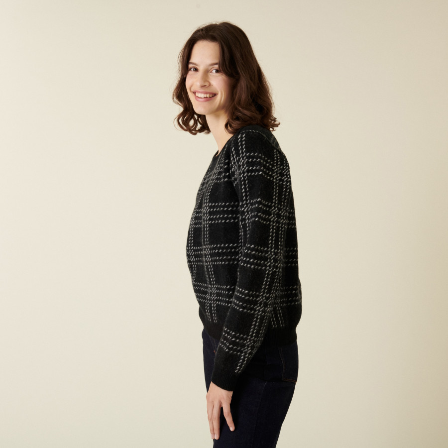 Round-neck checked alpaca wool sweater - Carin