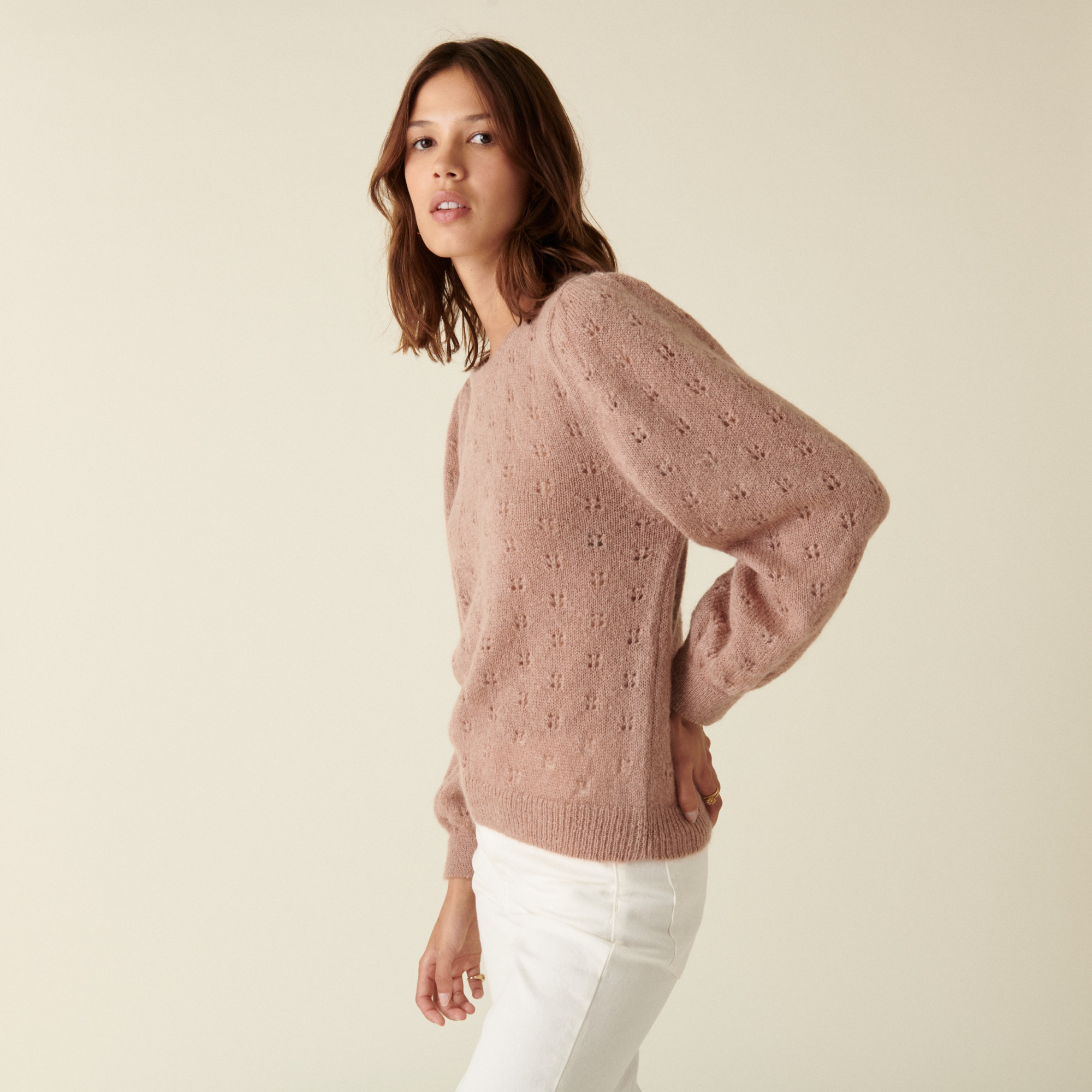Pull à jeux de point fantaisie en mohair - Camelia 7404 sable - 13 Beige moyen