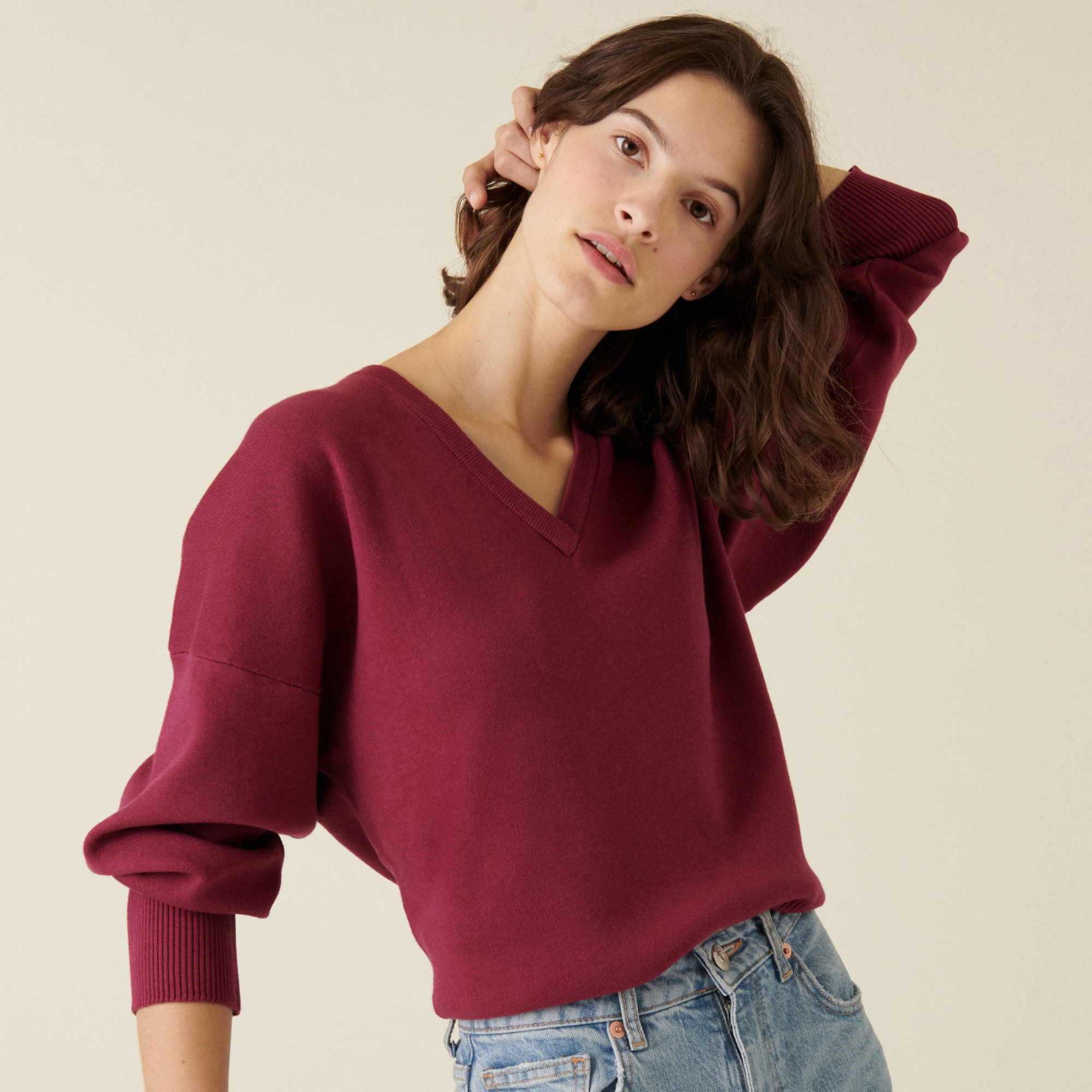 Pull ample col V finition bords côtes - Alderic 7482 griotte - 17 Violet
