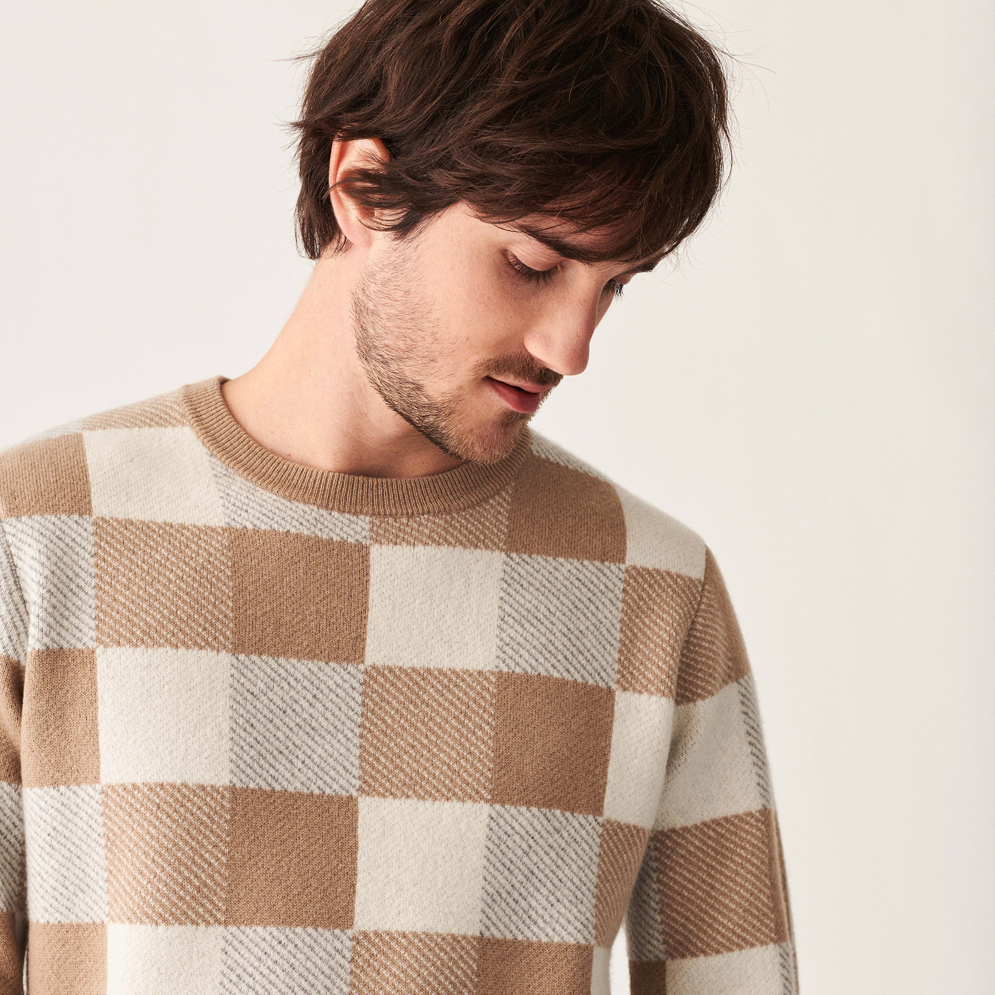 Pull motif damier en cachemire - Amadeo 7542 sable/ecru/volute - 13 Beige moyen