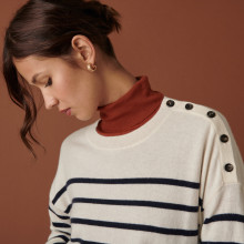 Pull boutonné à col rond bicolore en cachemire - Dalton 7517 ecru/marine - 82 Ecru