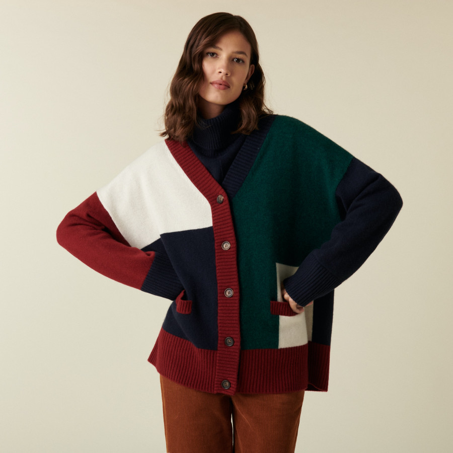 Long cardigan boutonné en cachemire - Delia 7520 MARINE MULTI