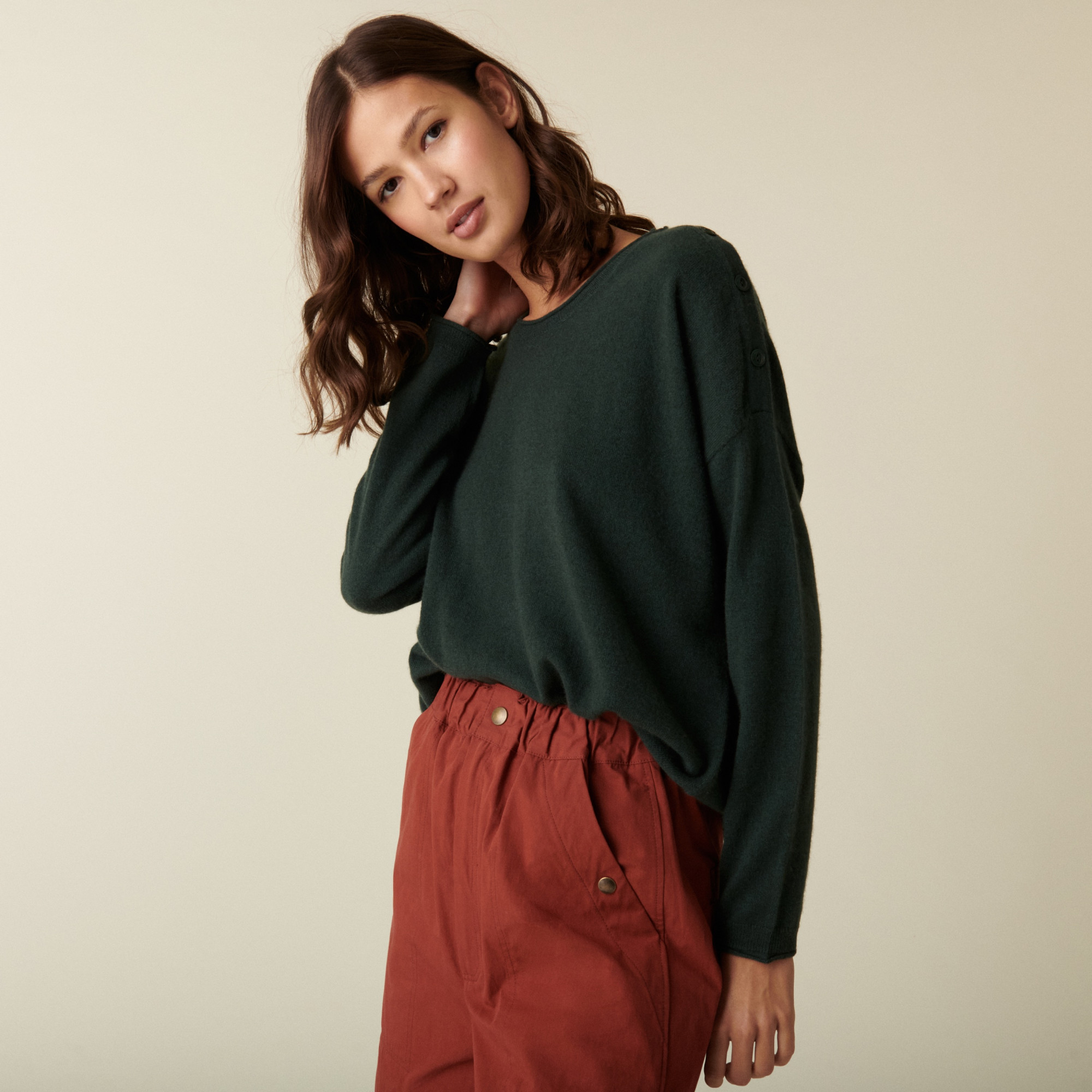 Pull ample boutonné à col rond en cachemire - Acene 7451 bronze - 83 Kaki