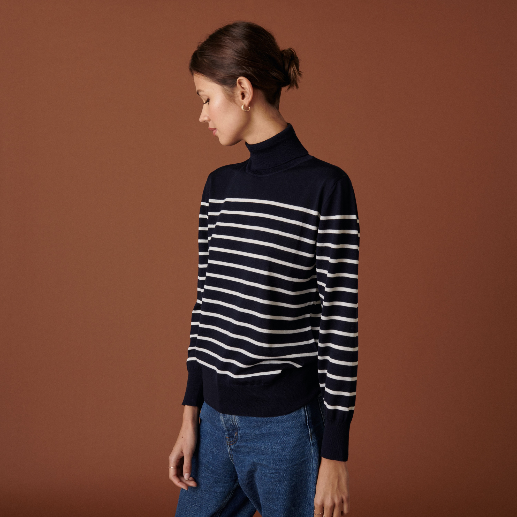 Pull col roulé en laine mérinos finitions bord côtes - Colette 7526 marine/ecru - 05 Bleu marine