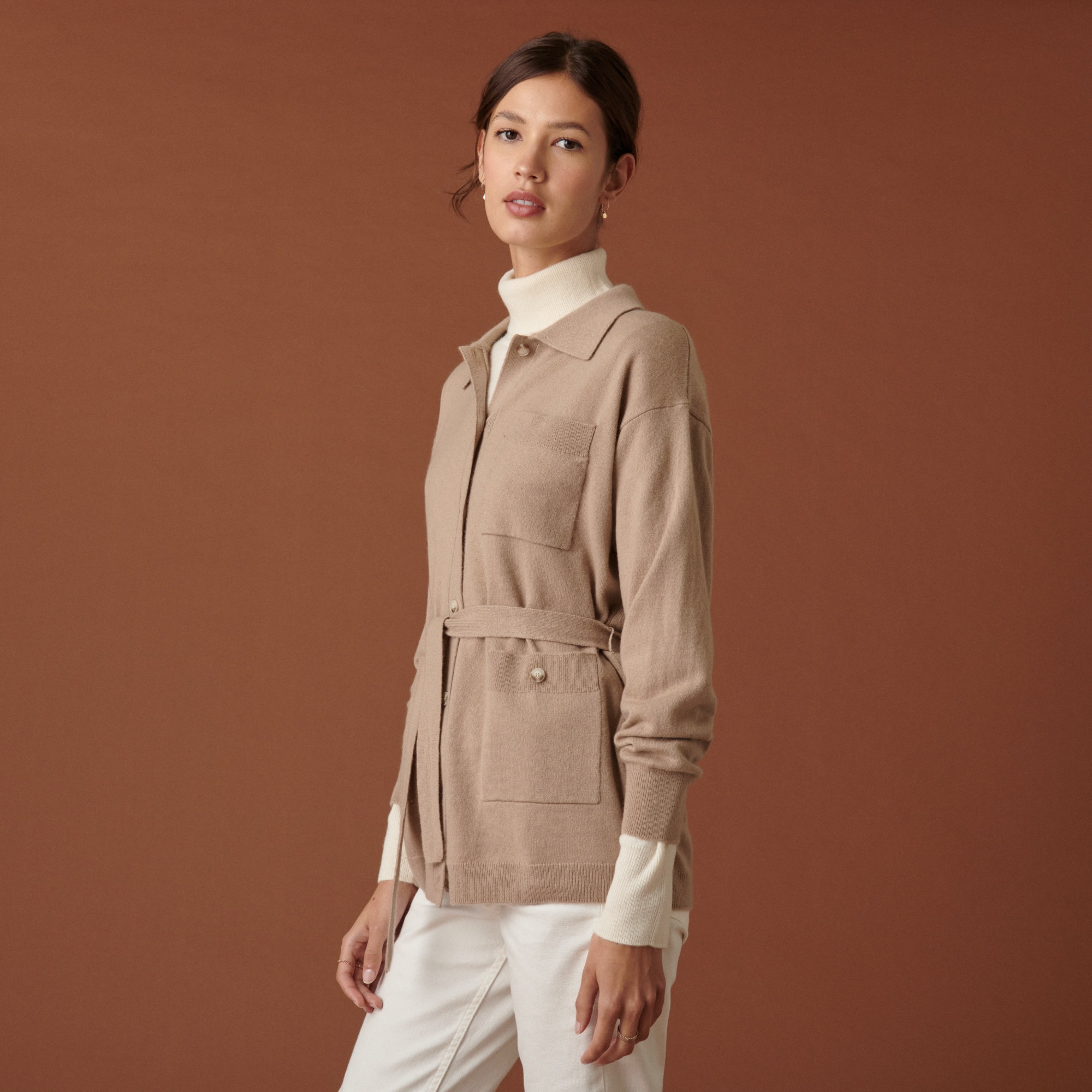 Veste boutonnée en cachemire col polo - Clemence 7404 sable - 13 Beige moyen