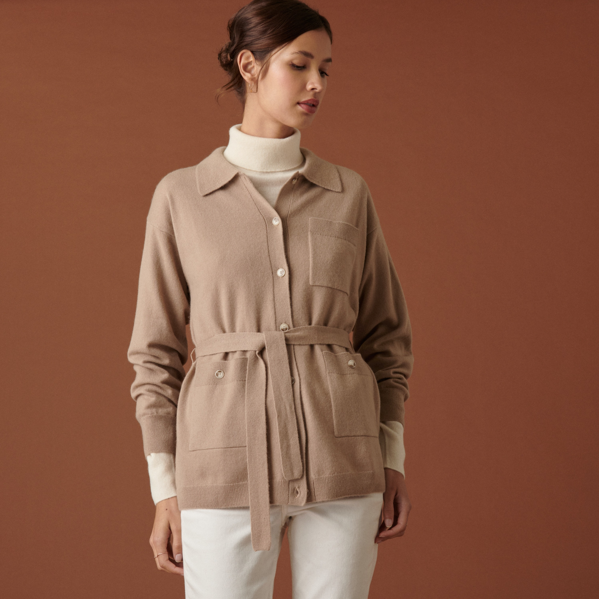 Veste boutonnée en cachemire col polo - Clemence 7404 sable - 13 Beige moyen