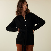 Veste boutonnée en cachemire col polo - Clemence 7410 noir - 01 Noir