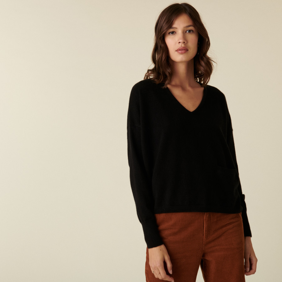 Short cashmere V-neck sweater with pockets - Balba