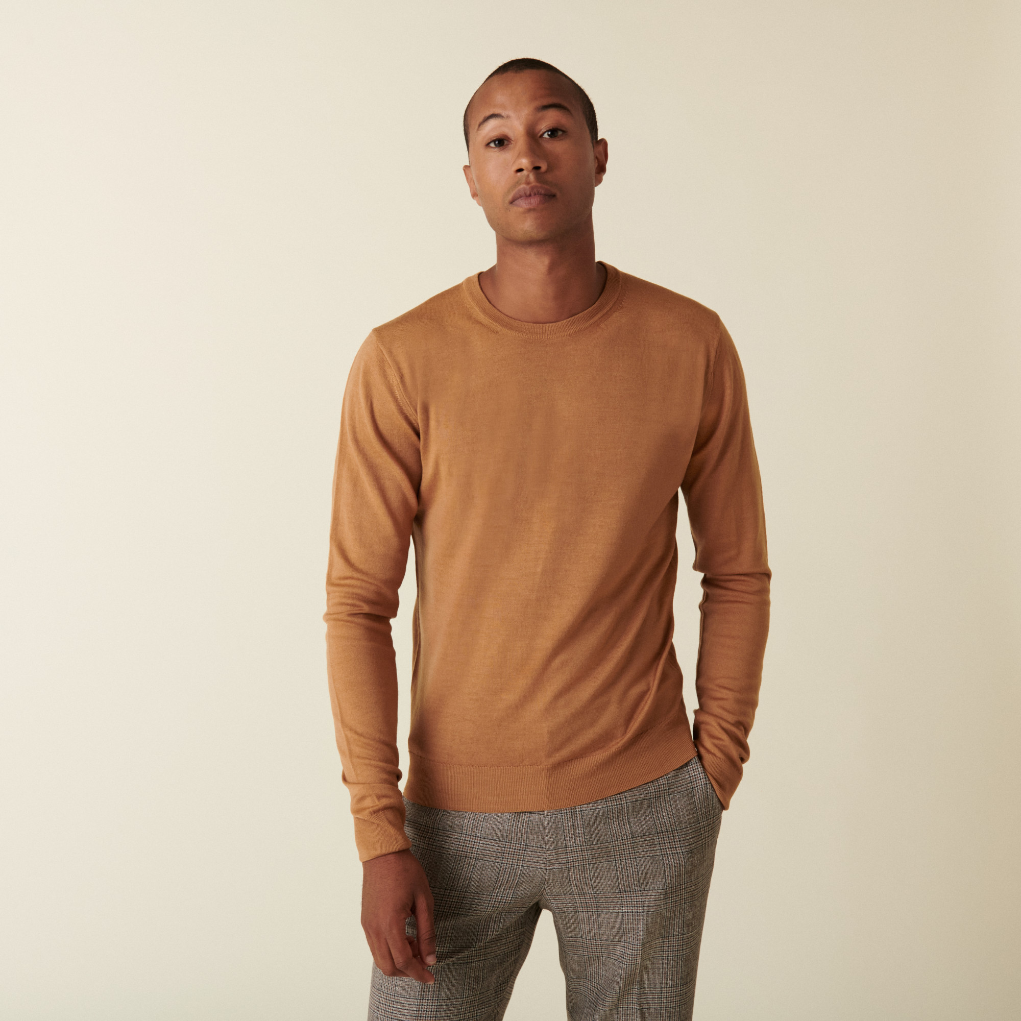 Pull col rond avec logo en laine mérinos - Eddie 7430 noisette - 88 Camel