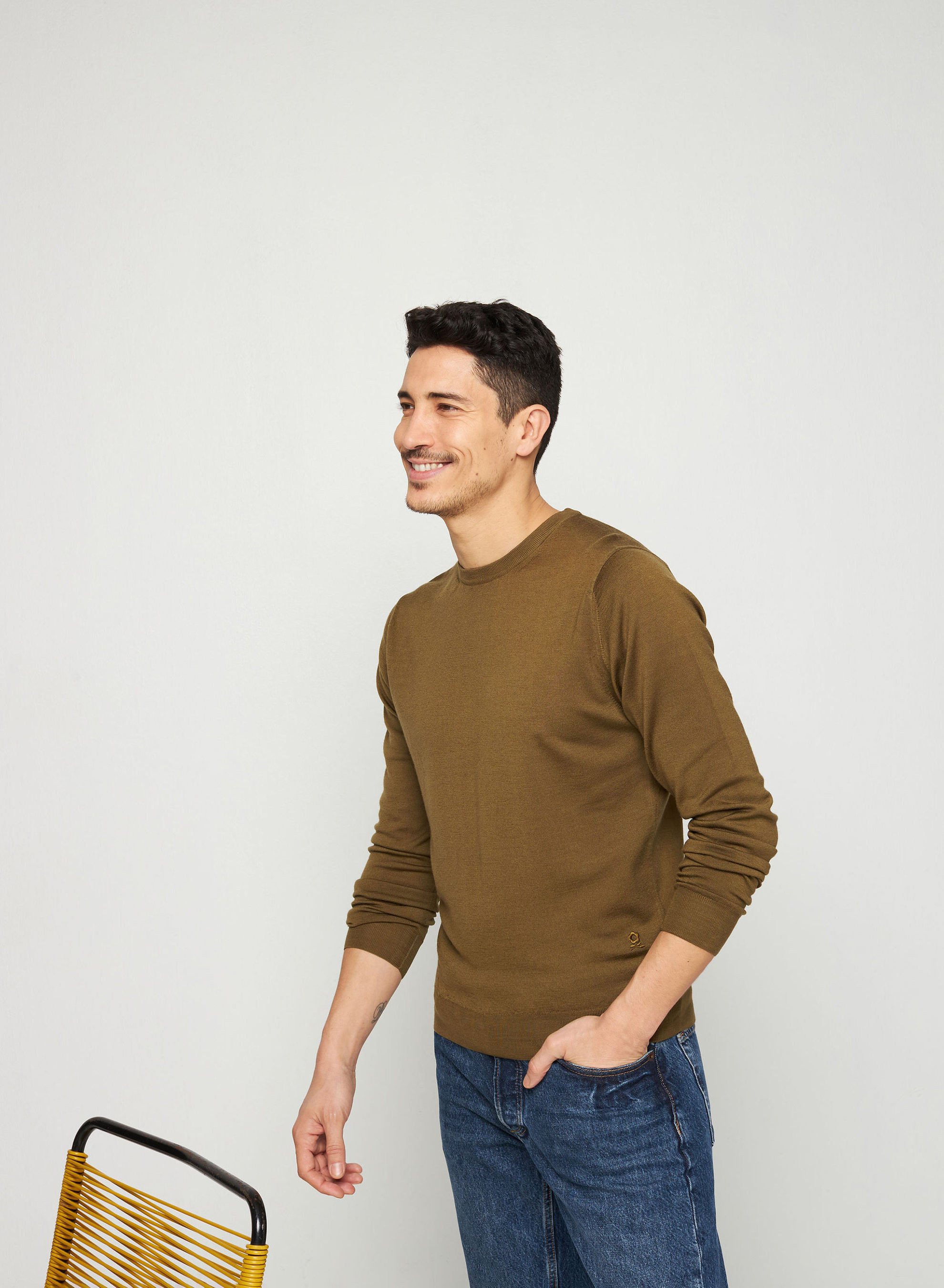 Pull col rond avec logo en laine mérinos - Eddie 7650 kaki - 83 Kaki