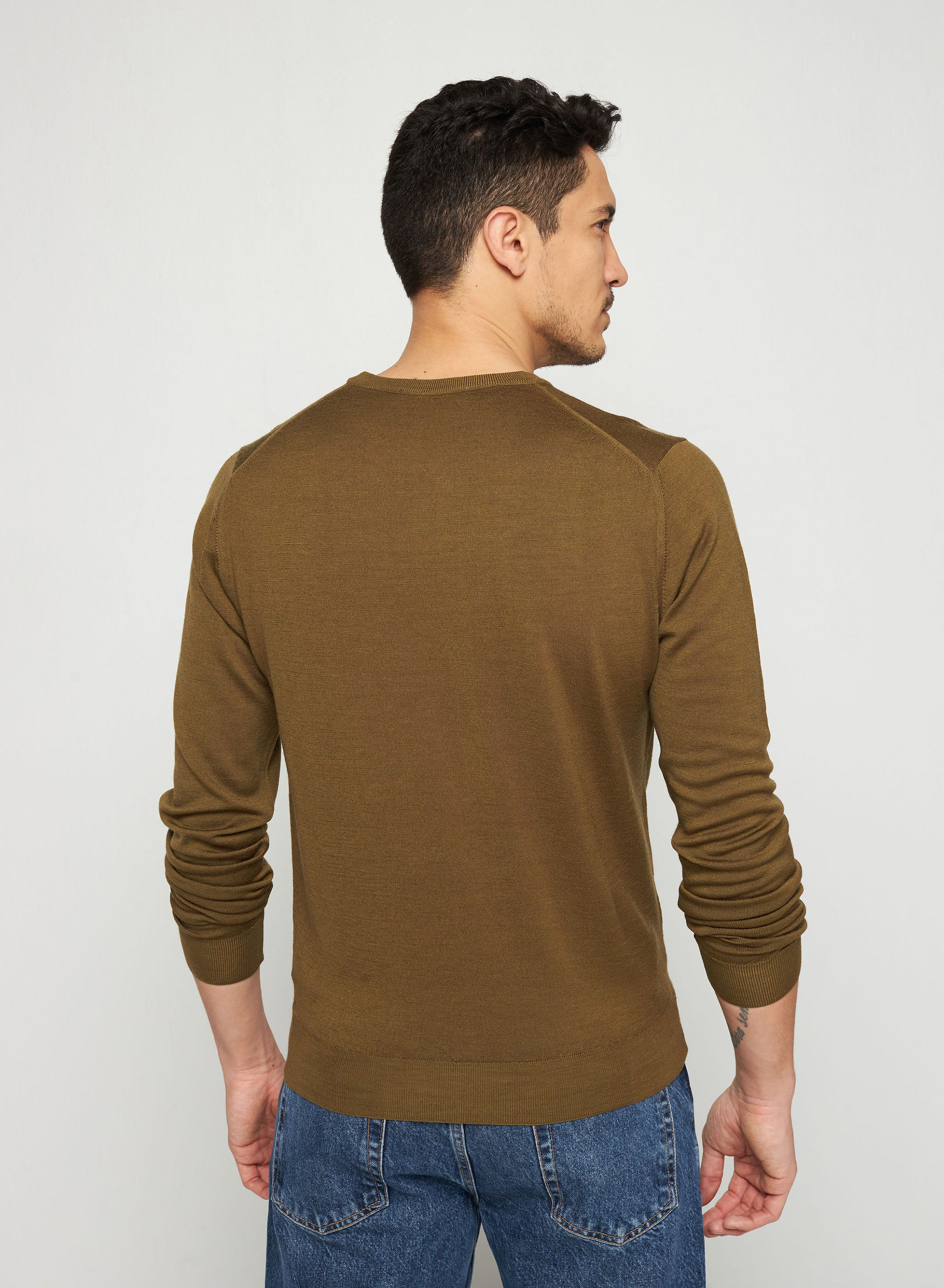 Pull col rond avec logo en laine mérinos - Eddie 7650 kaki - 83 Kaki