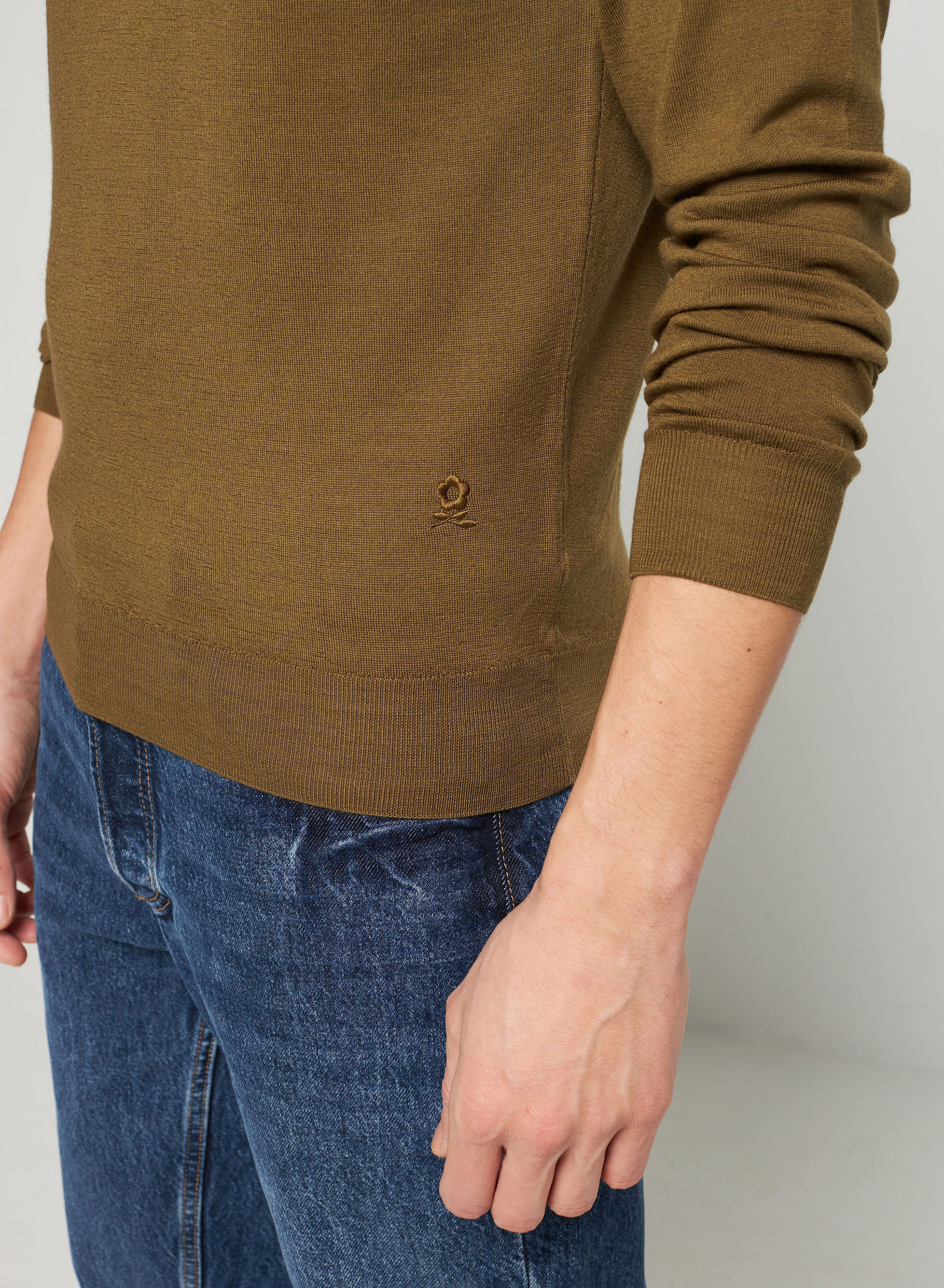 Pull col rond avec logo en laine mérinos - Eddie 7650 kaki - 83 Kaki