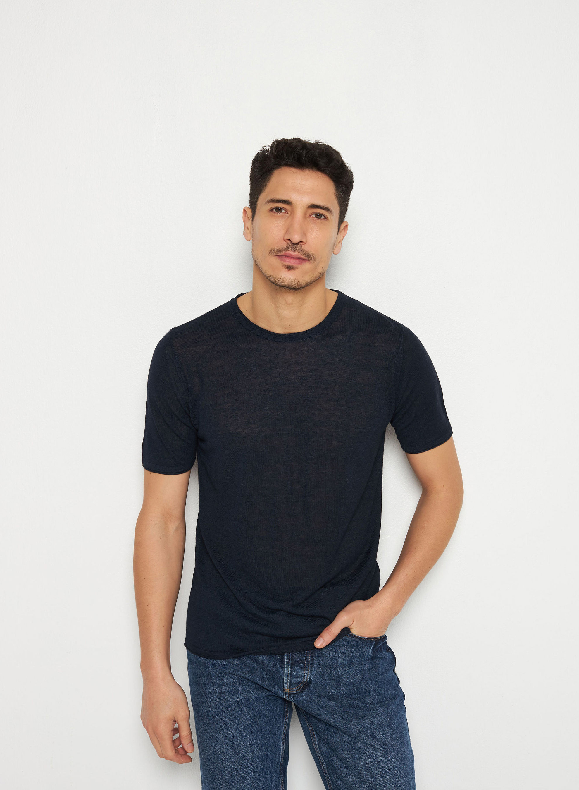 T-shirt col rond en lin flammé - Renaud 7640 marine - 05 Bleu marine