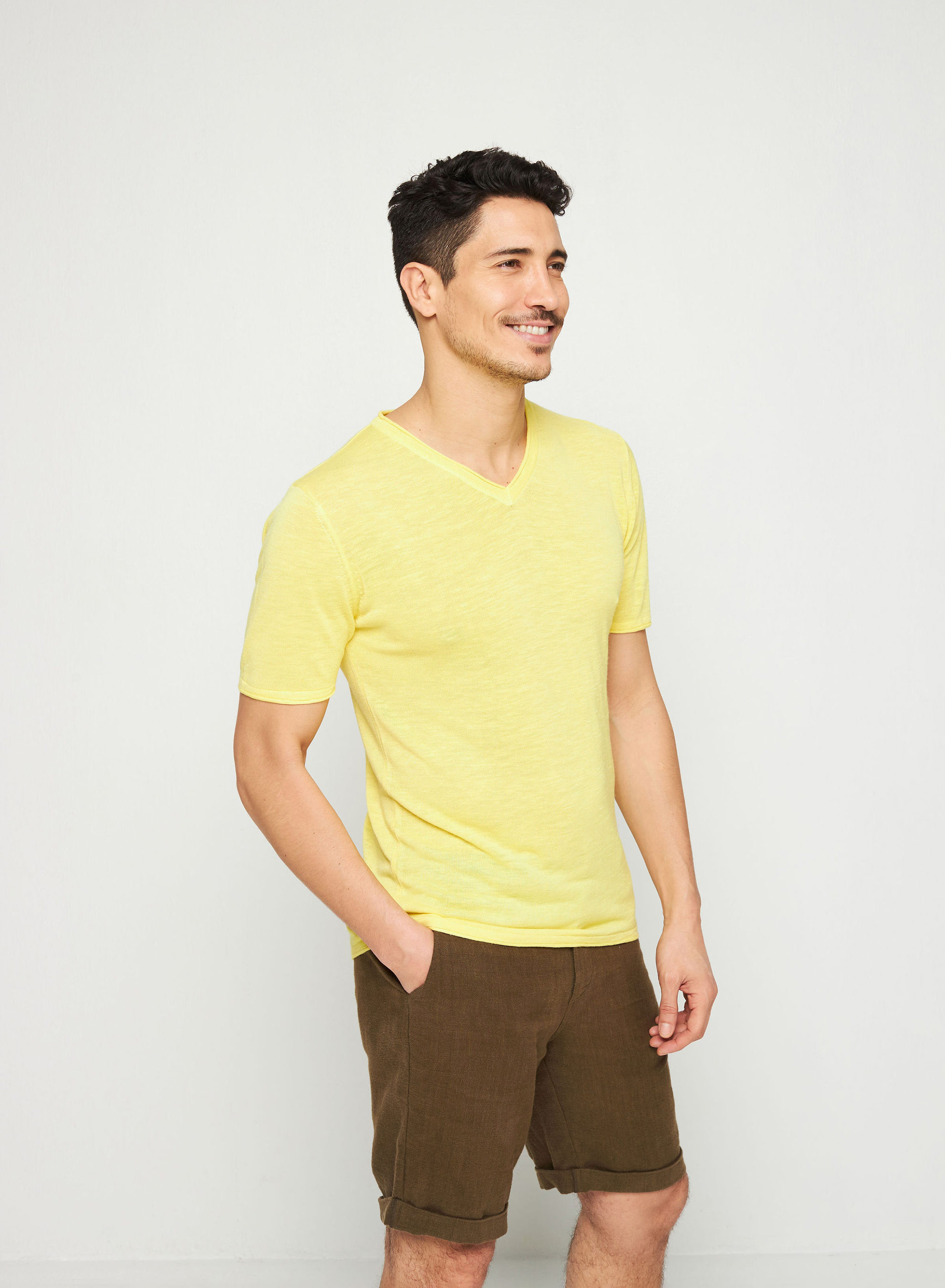 T-shirt col V en lin flammé - Reuben 7660 citron - 08 Jaune