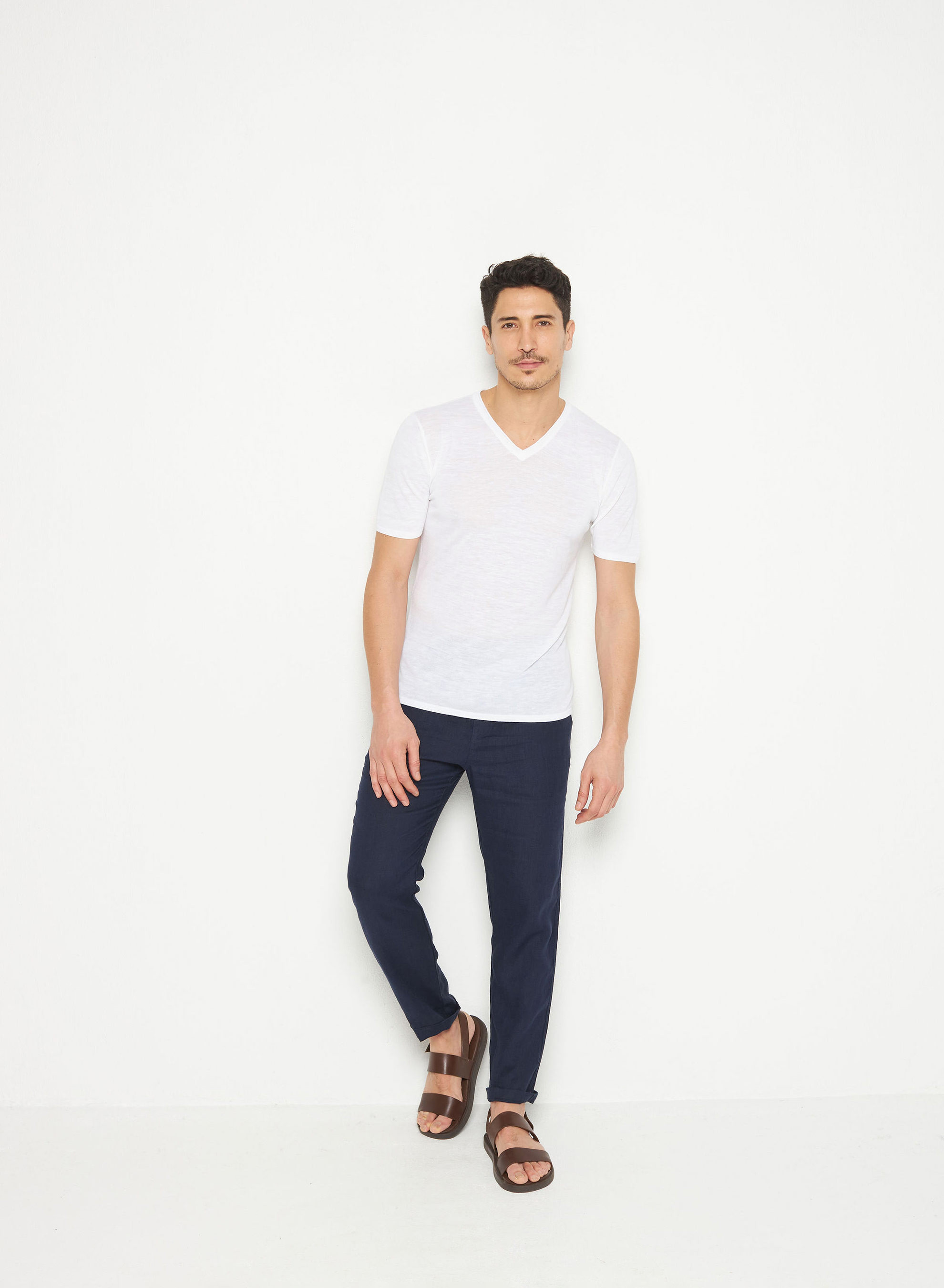 T-shirt col V en lin flammé - Reuben 7601 ecru - 02 Blanc