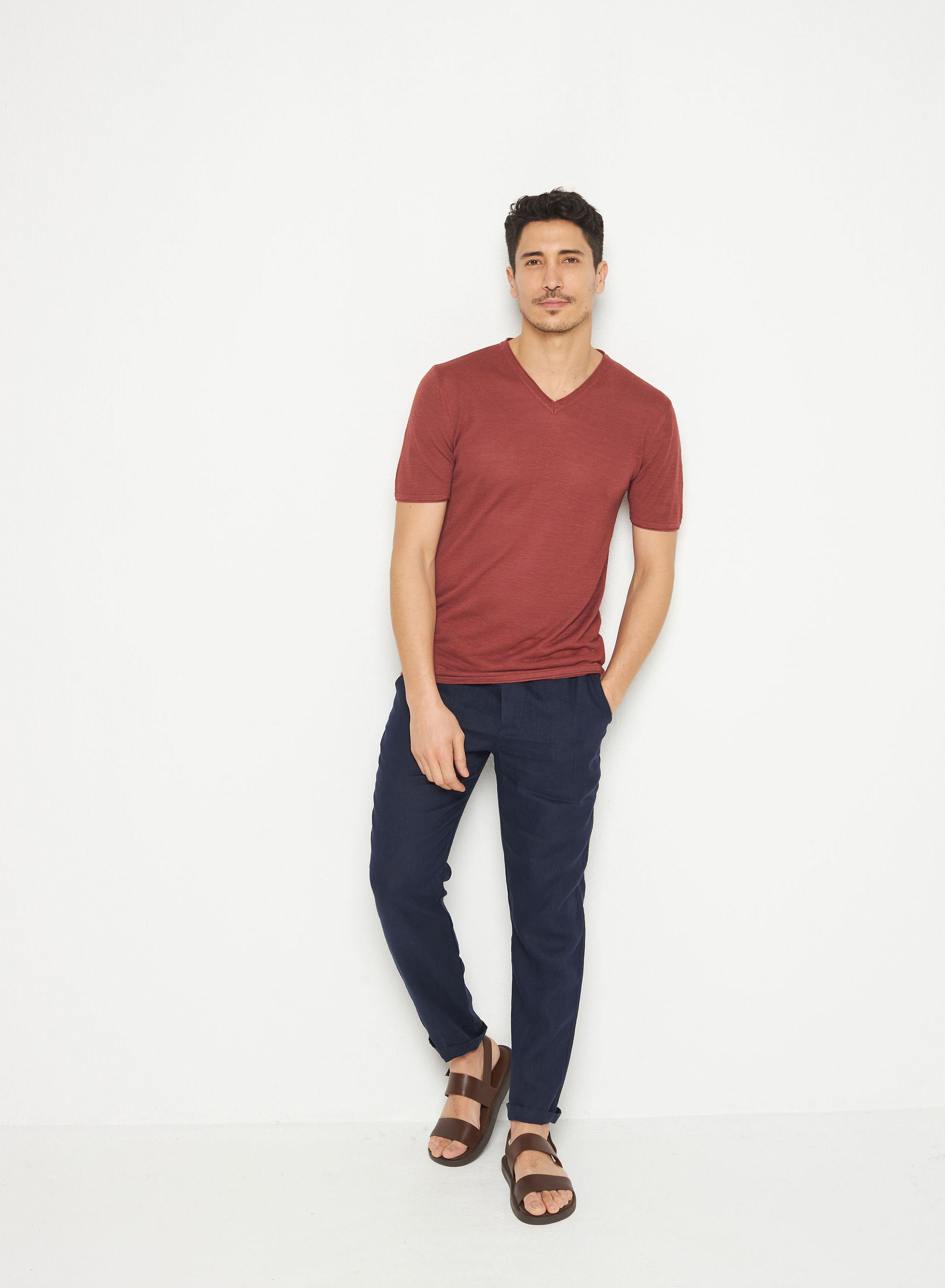 T-shirt col V en lin flammé - Reuben 7630 argile - 51 Bordeaux