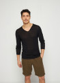 T-shirt col tunisien en lin flammé - Blayne 7610 noir - 01 Noir