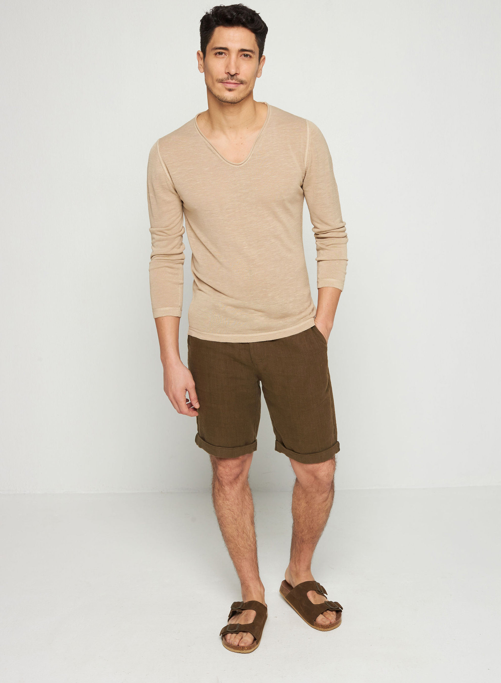 T-shirt col tunisien en lin flammé - Blayne 7620 raphia - 12 Beige clair