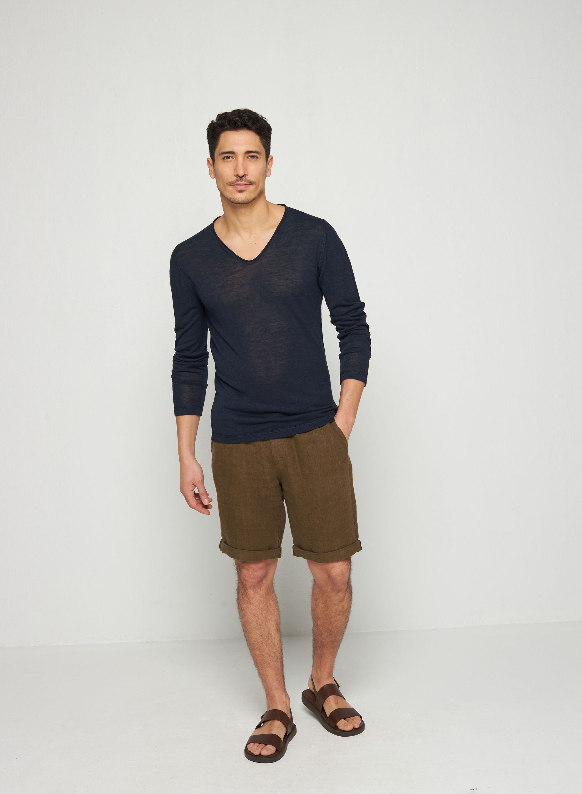 T-shirt col tunisien en lin flammé - Blayne 7640 marine - 05 Bleu marine