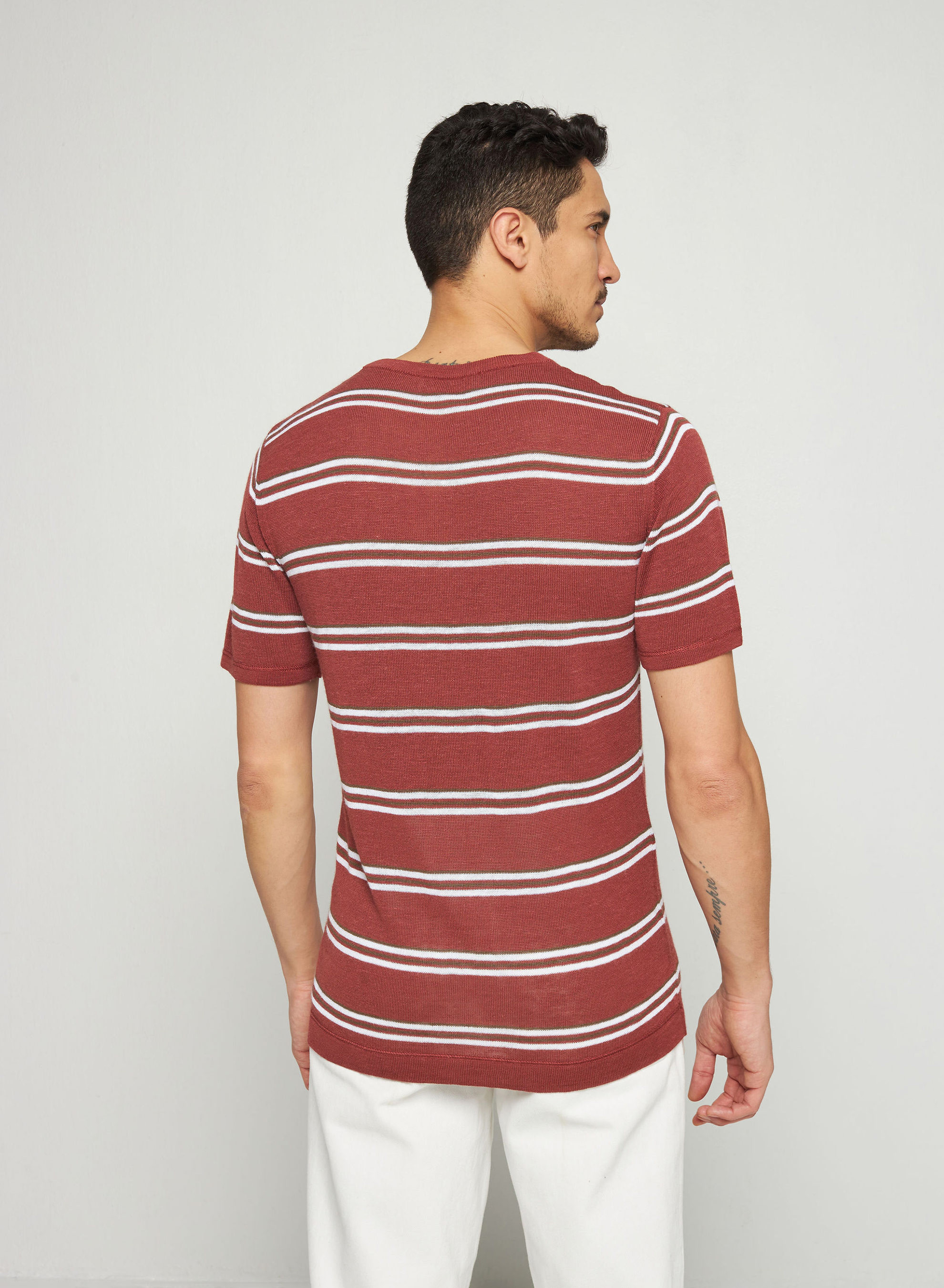 T-shirt à rayures en lin flammé - Remi 7727 argile - 51 Bordeaux