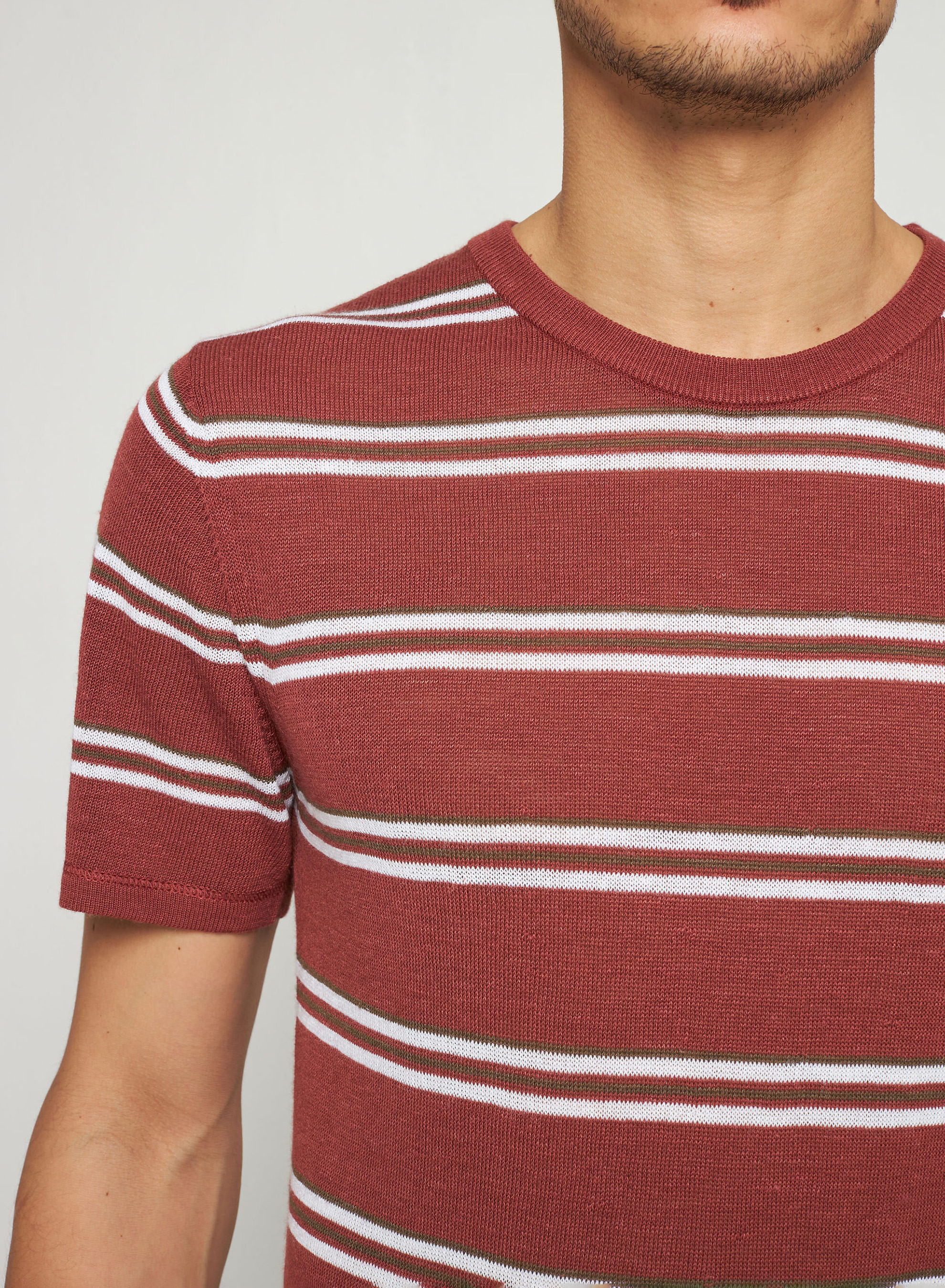 T-shirt à rayures en lin flammé - Remi 7727 argile - 51 Bordeaux