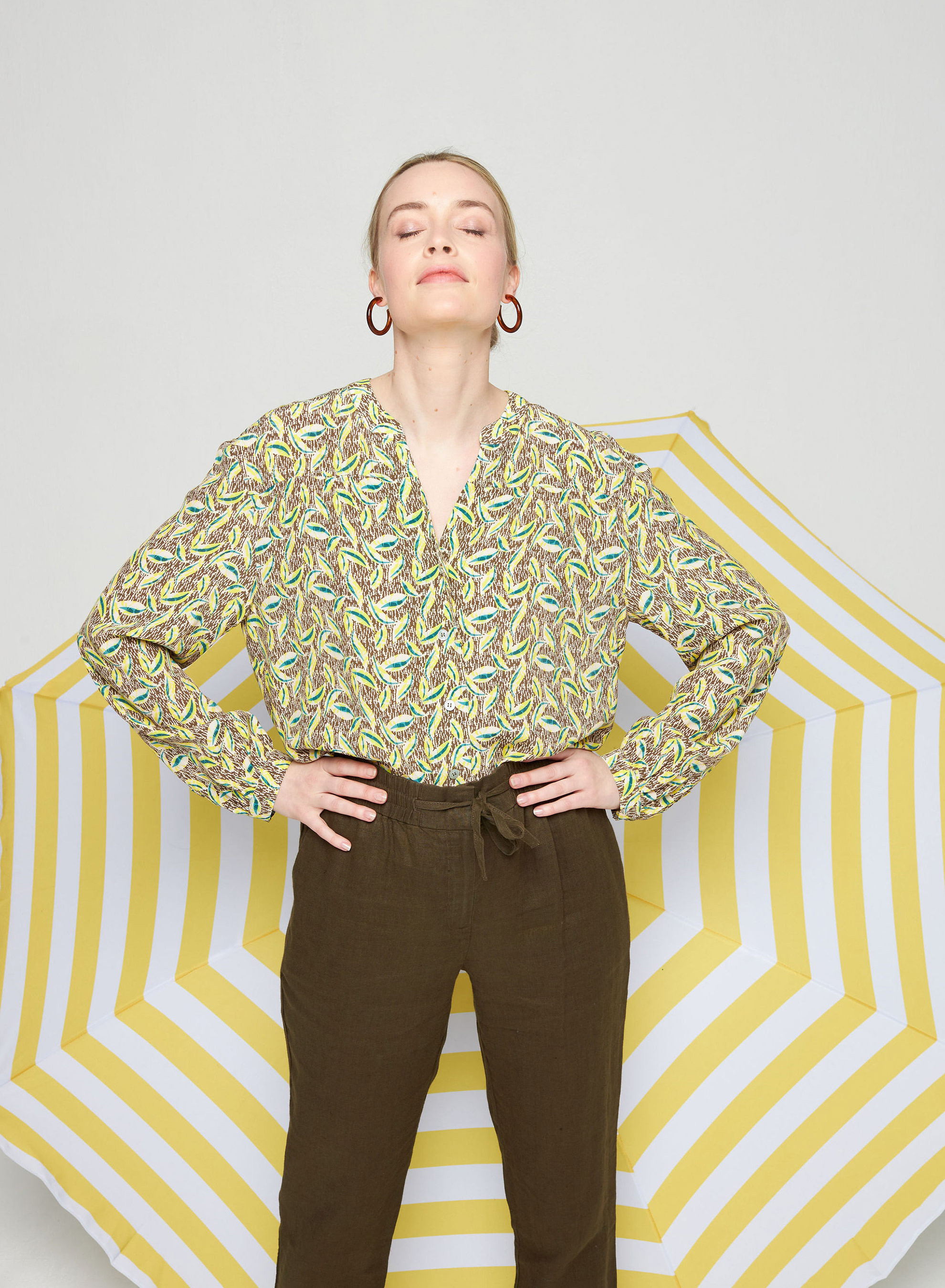 Chemisier manches longues à motifs en chaine et trame viscose - Seina 7723 kaki - 83 Kaki