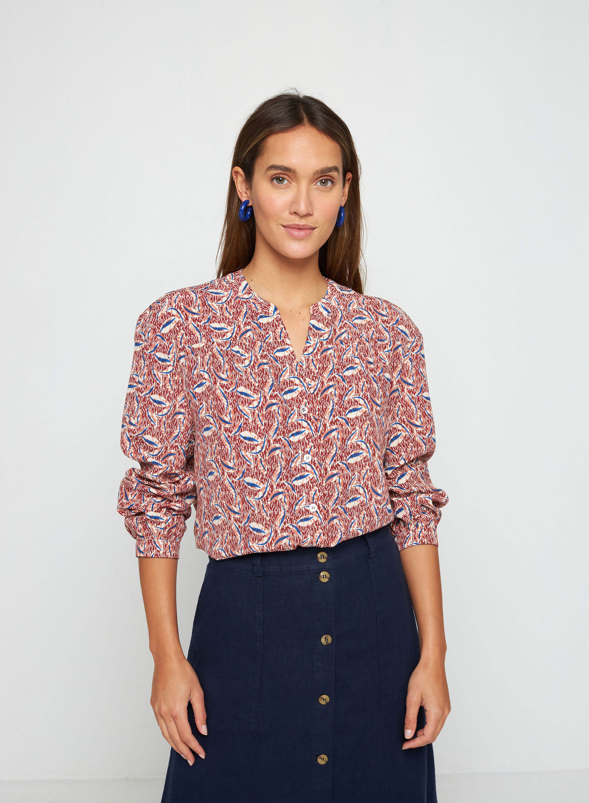 Patterned long-sleeved blouse in viscose warp and weft - Seina