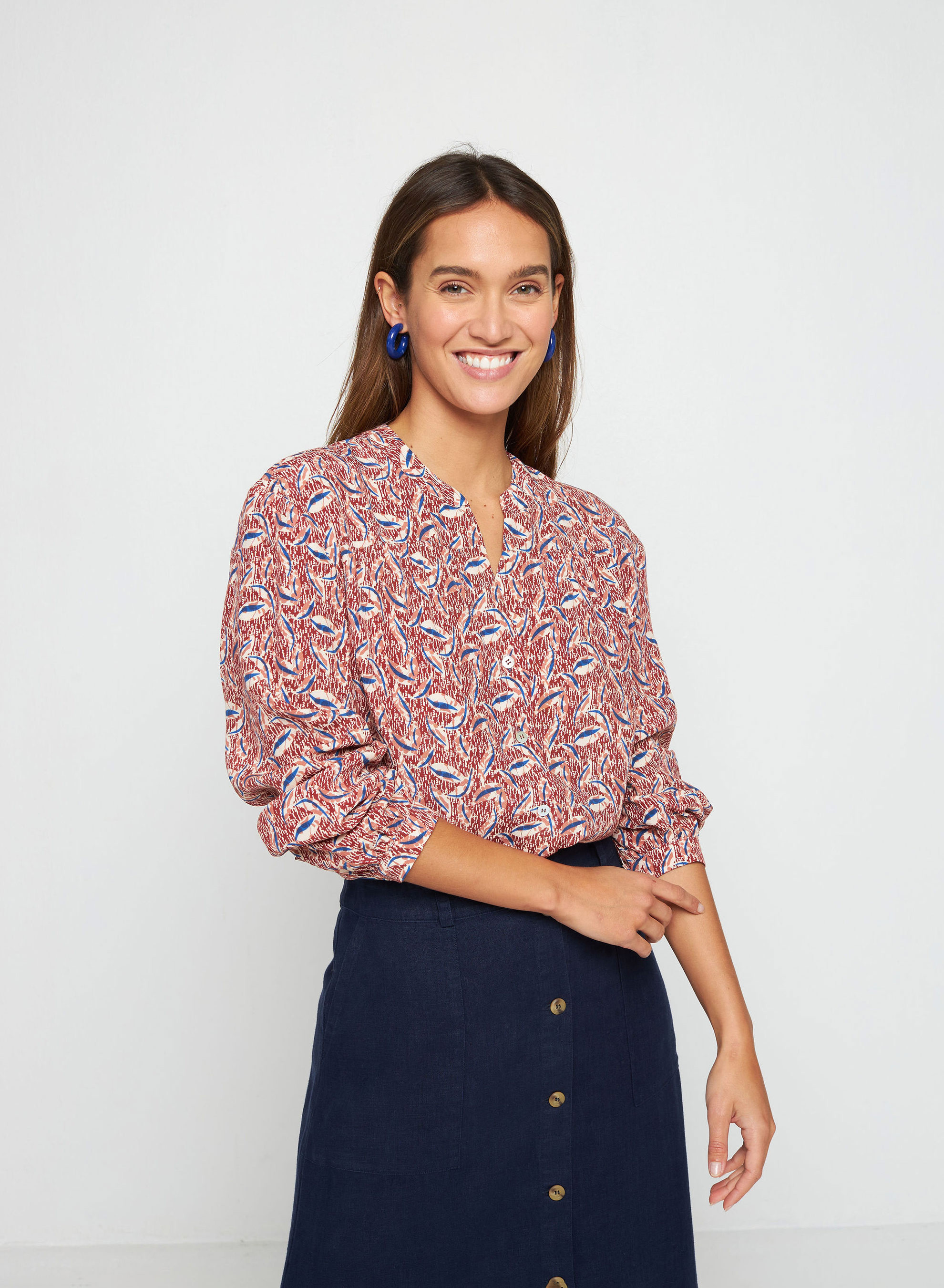 Patterned long-sleeved blouse in viscose warp and weft - Seina