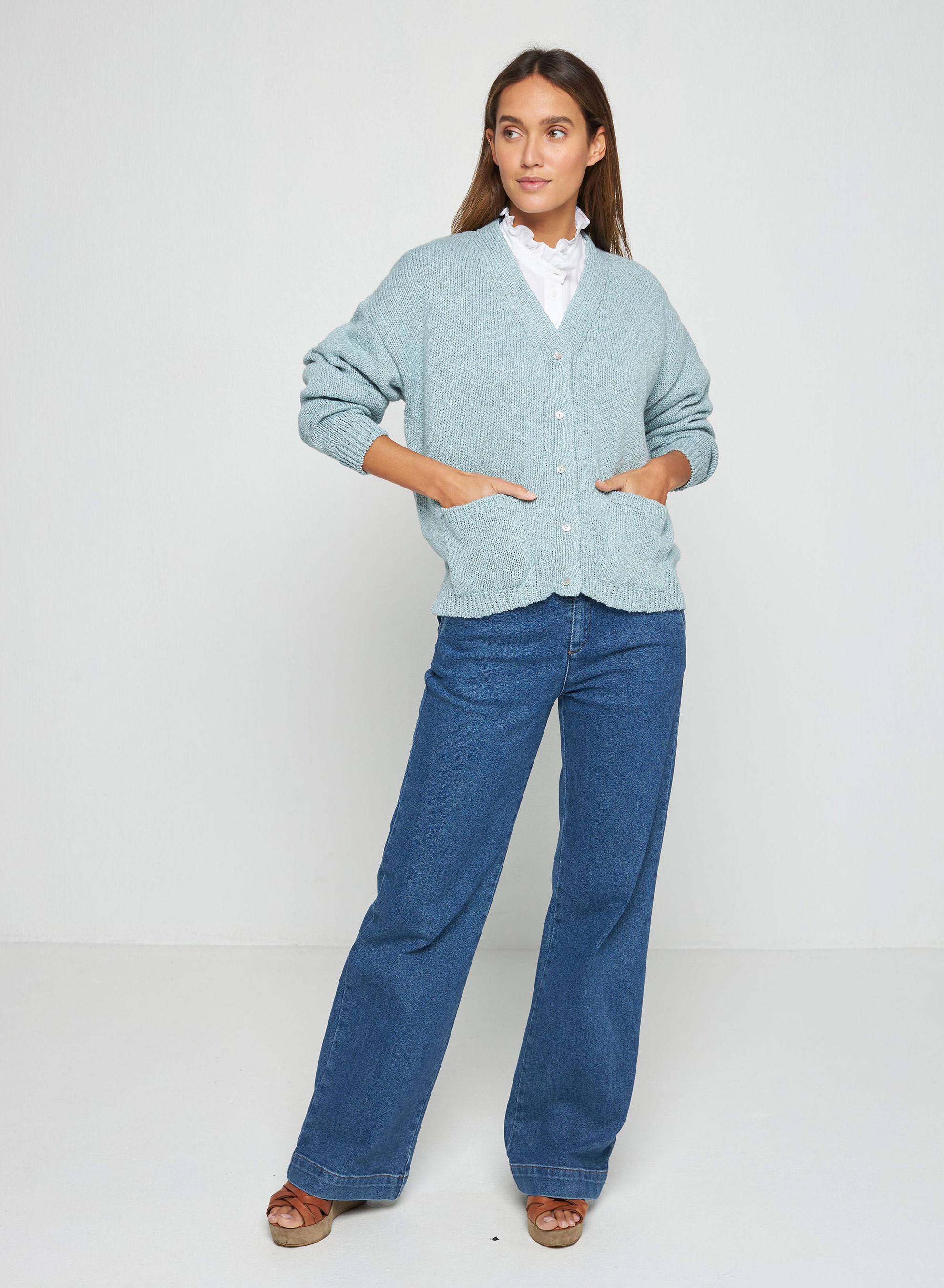 Gilet col V en coton et lin - Thais 7644 lagon - 04 Bleu clair