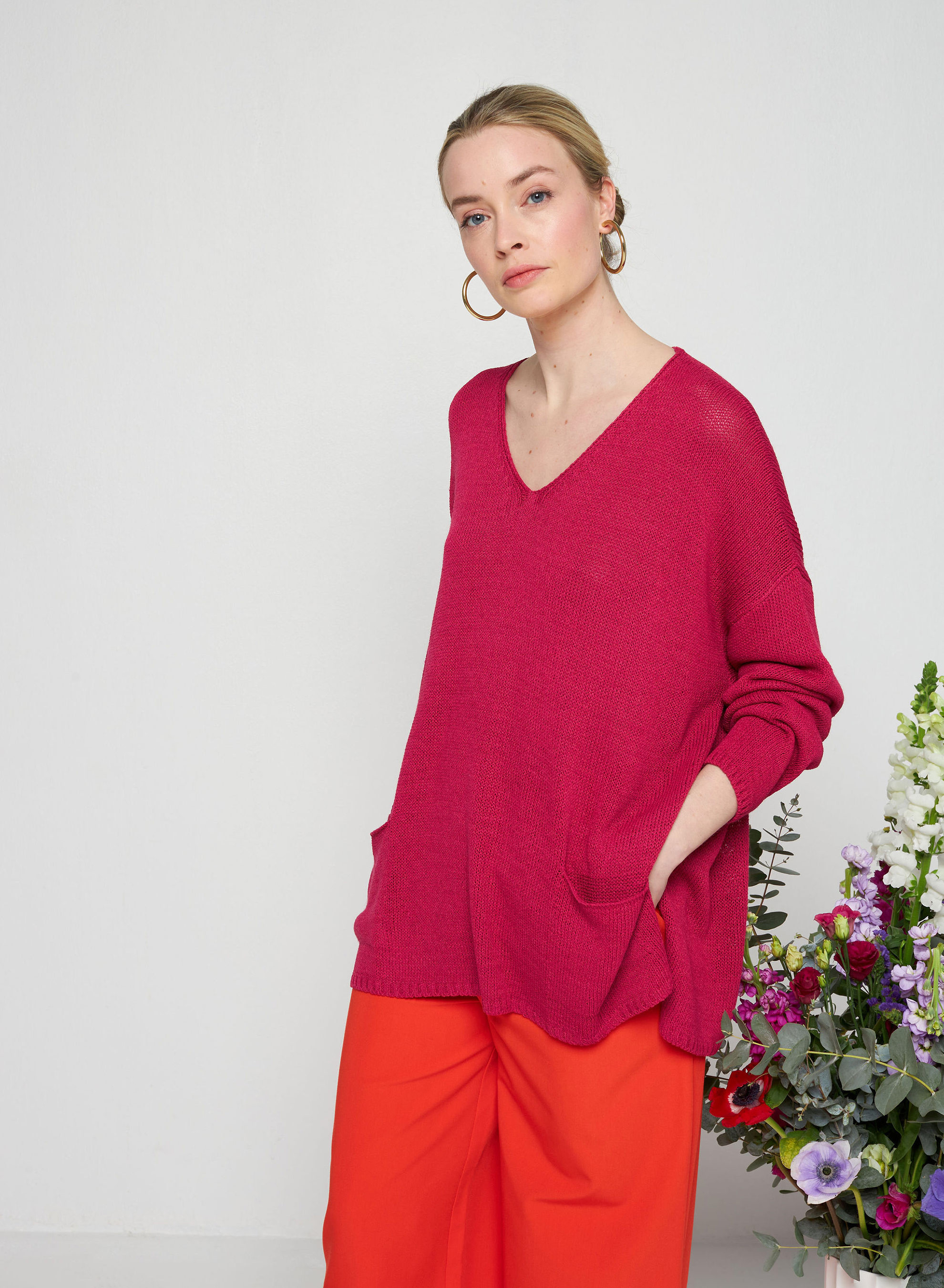 Pull oversize col V en corallo - Telma 7681 pivoine - 51 Bordeaux