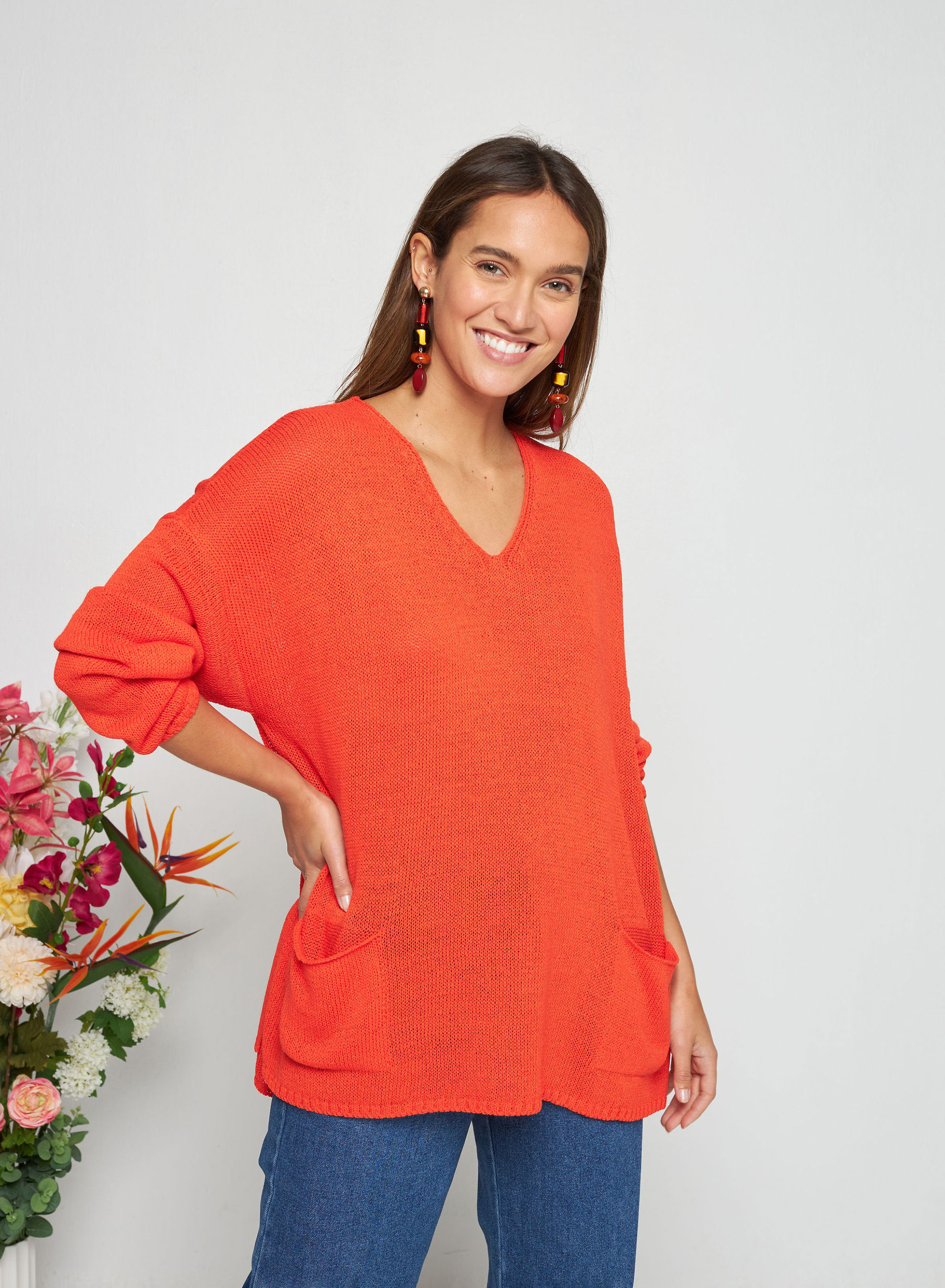 Pull oversize col V en corallo - Telma 7680 capucine - 15 Orange