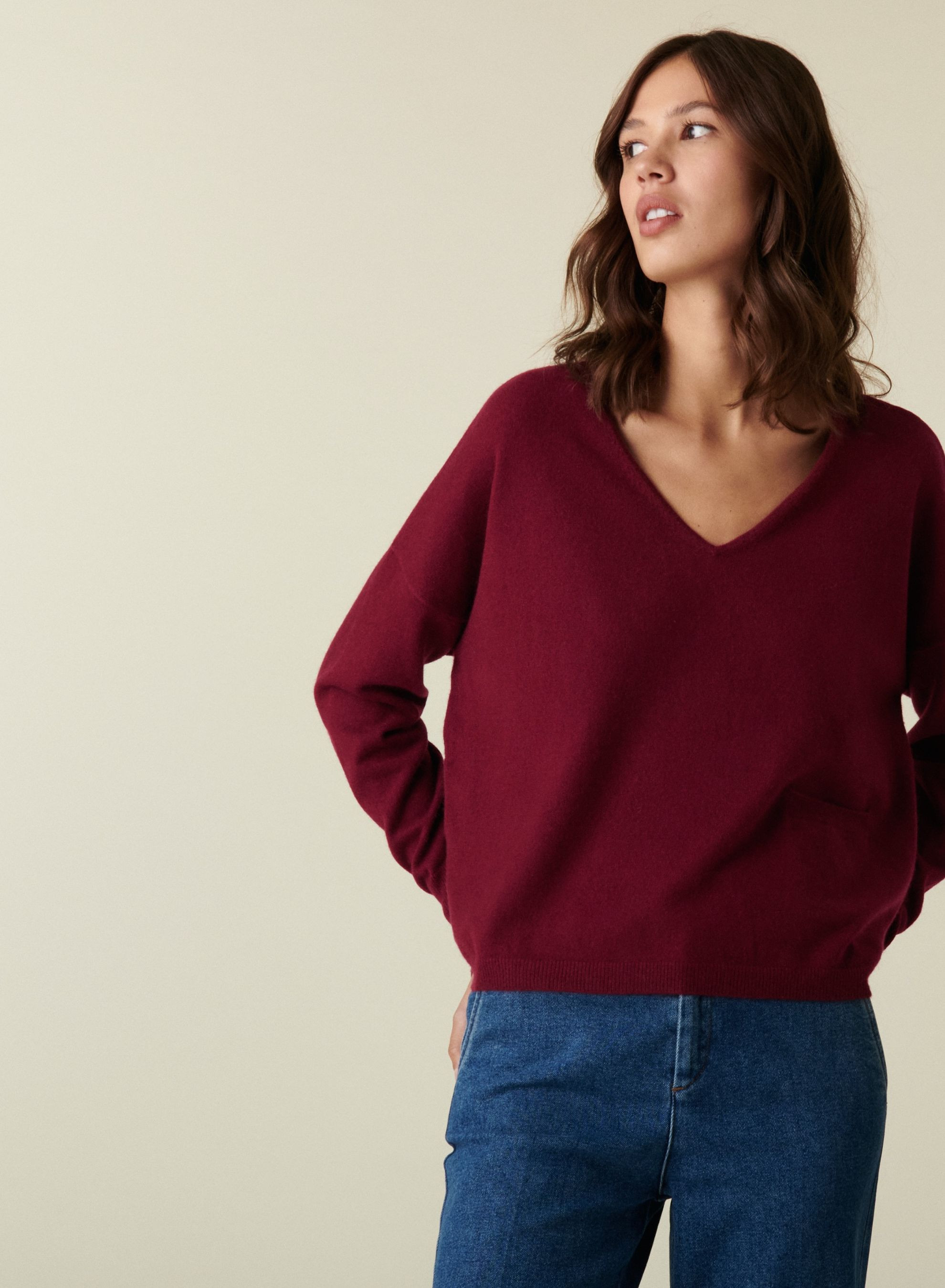 Pull court col V en cachemire avec poches - Balba