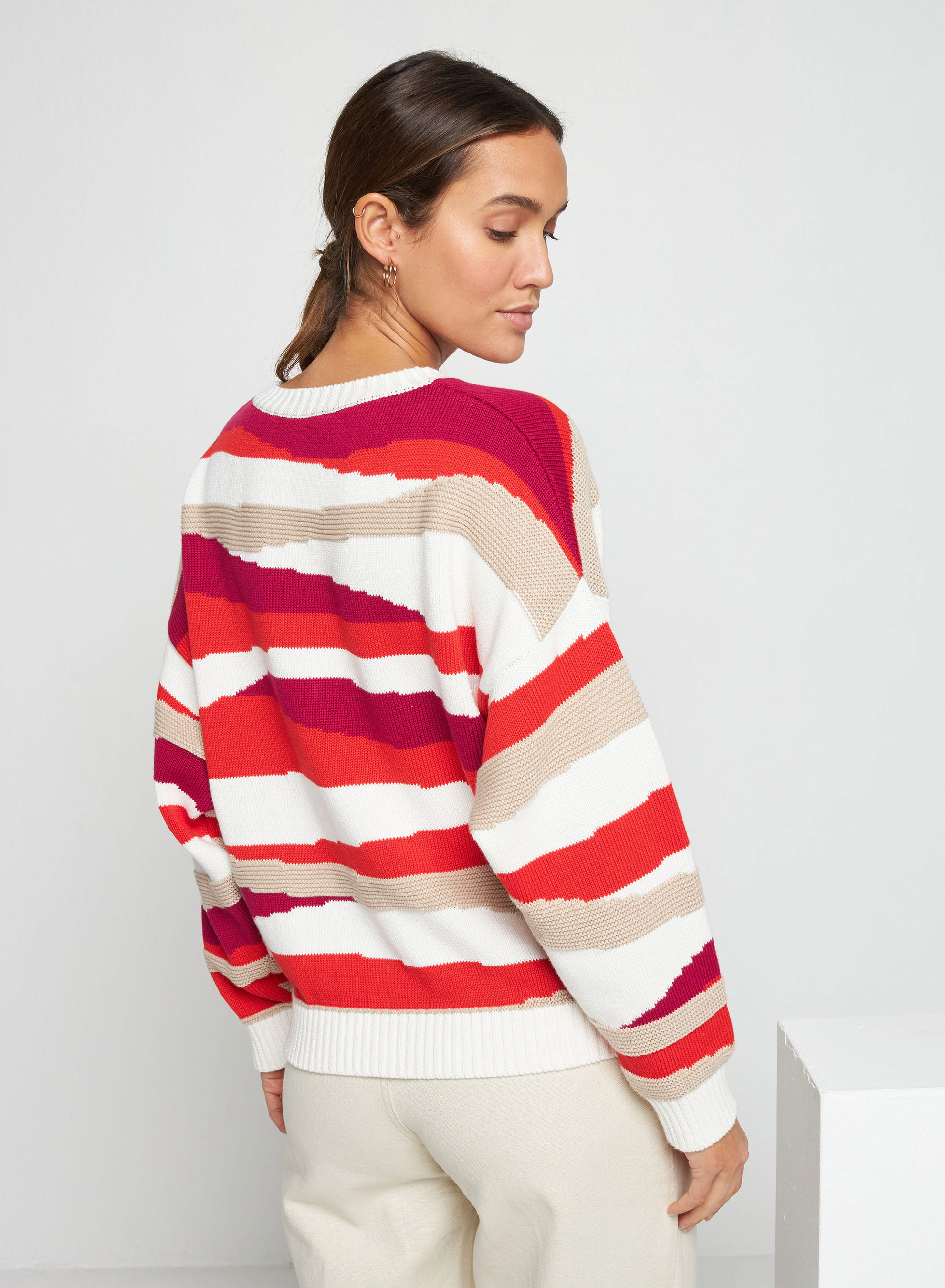 Pull à motifs en coton bio - Solal ecru/raphia/capucine/pivoine - 52 Rouge