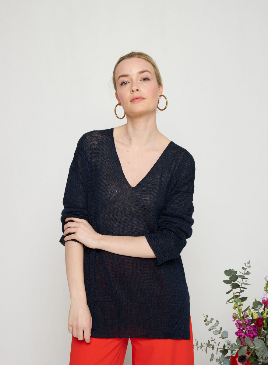 Pull oversize col V en lin - Tiphaine