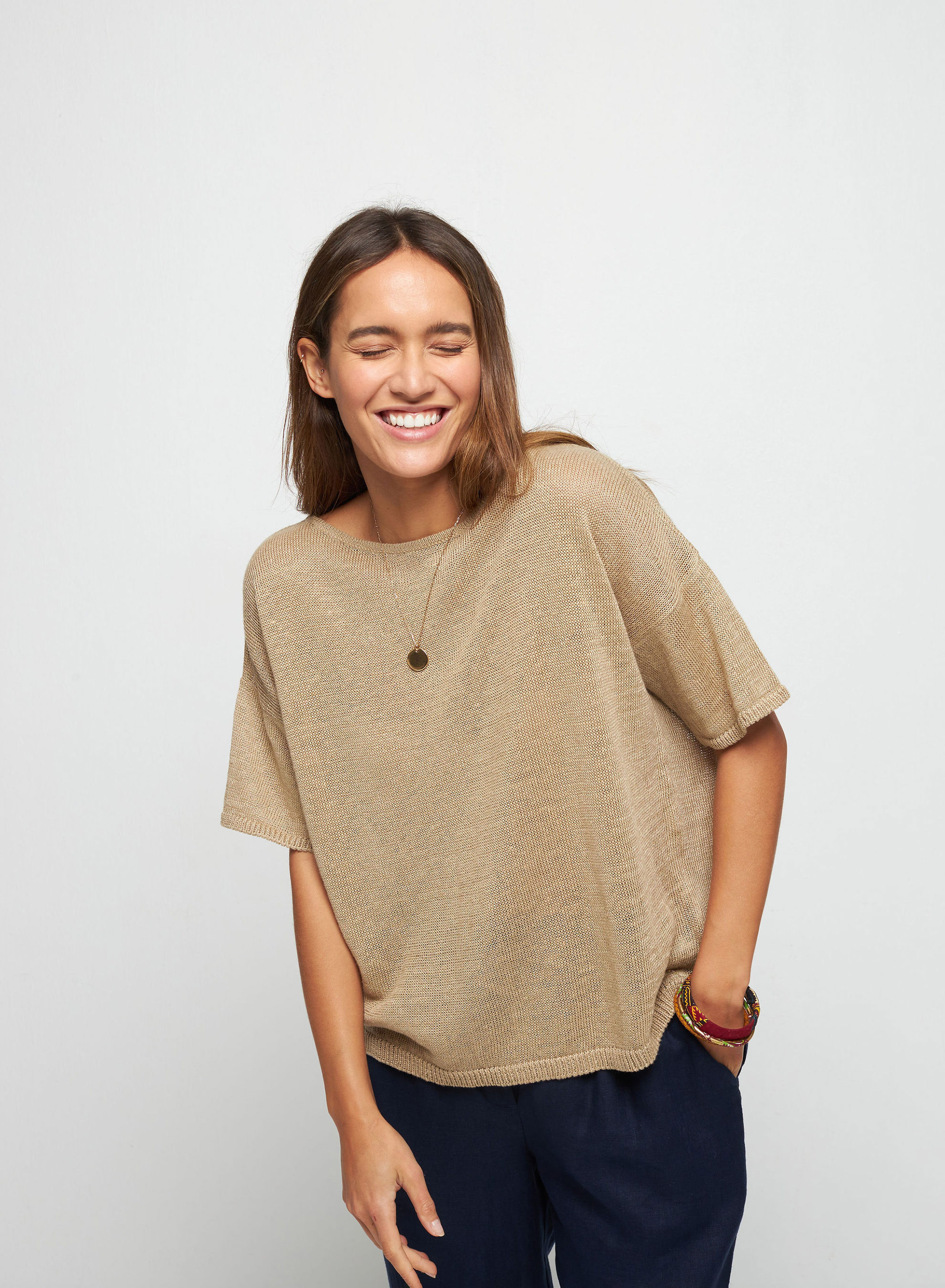 T-shirt boutonné à l'arrière en lin - Tilla 7620 raphia - 12 Beige clair