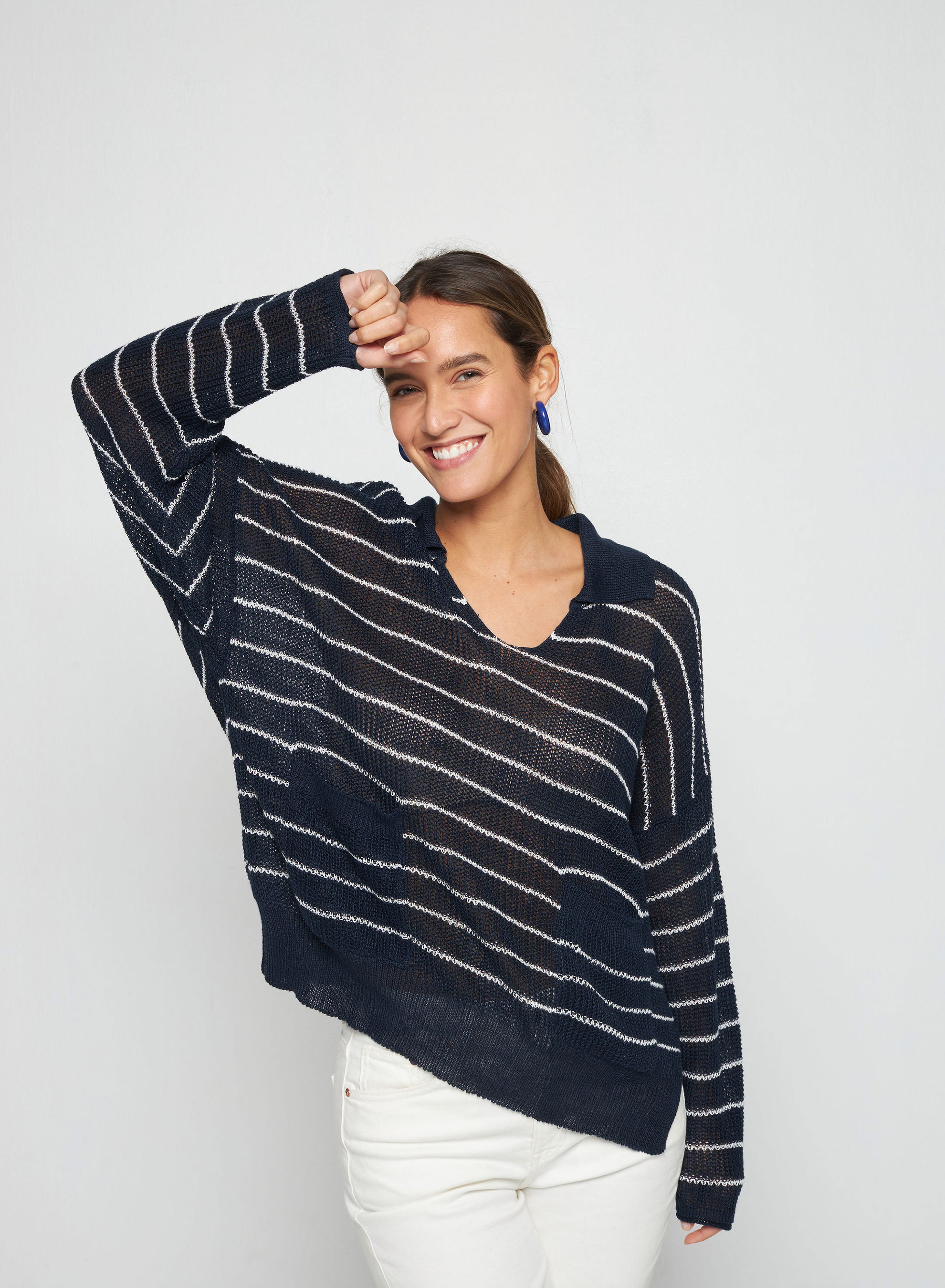 Pull ample col polo en lin - Tiara 7729 marine/ecru