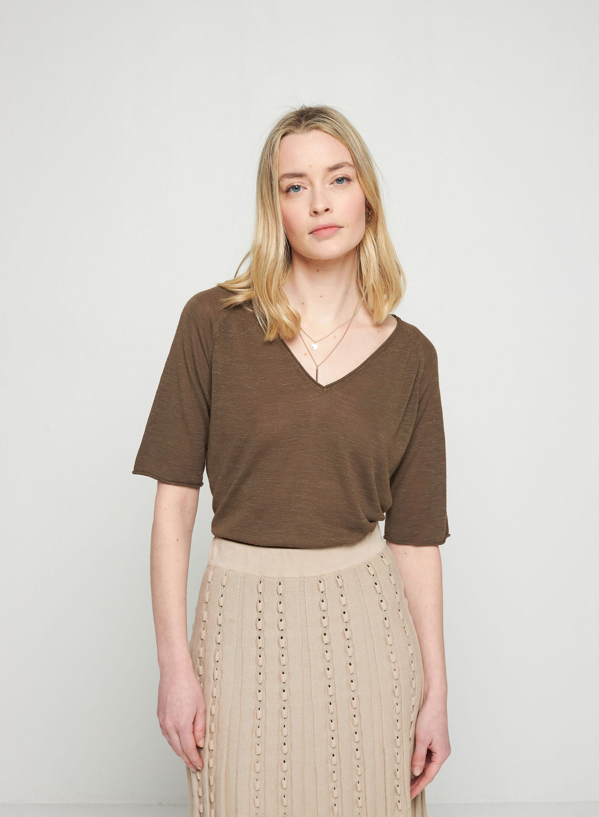 T-shirt manches coudes en lin flammé - Bonbon 7650 kaki - 83 Kaki