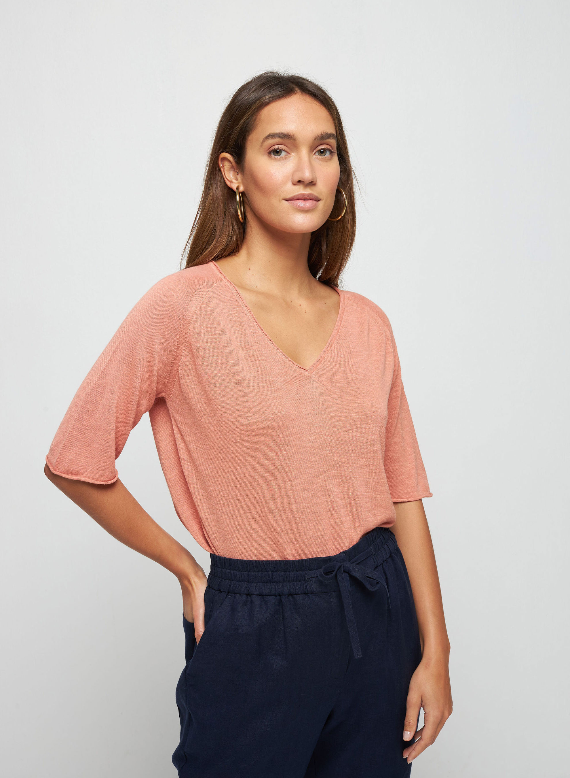 Flamed linen elbow sleeve t-shirt - Bonbon