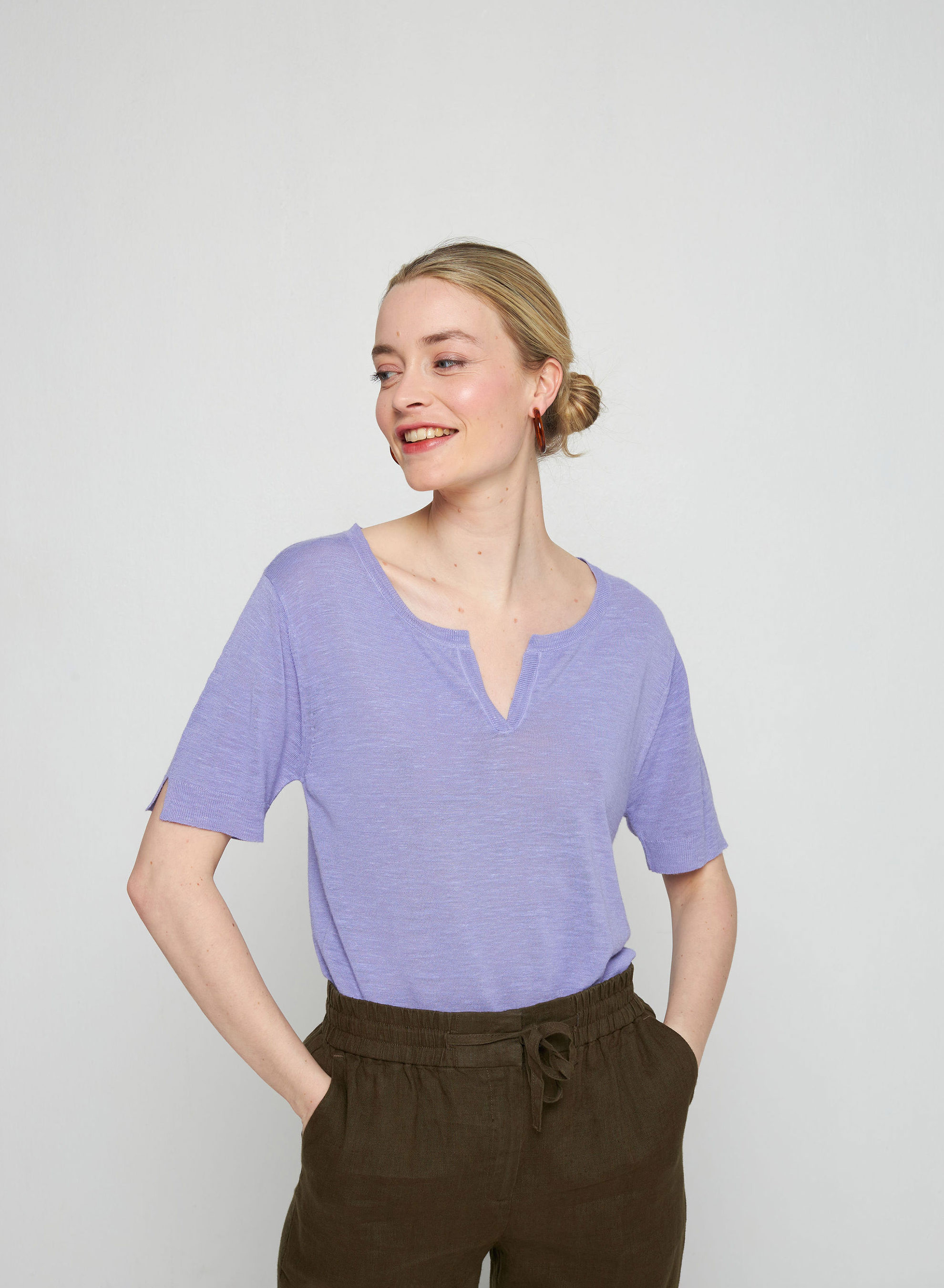 Flamed linen t-shirt with tunisian collar - Bohême